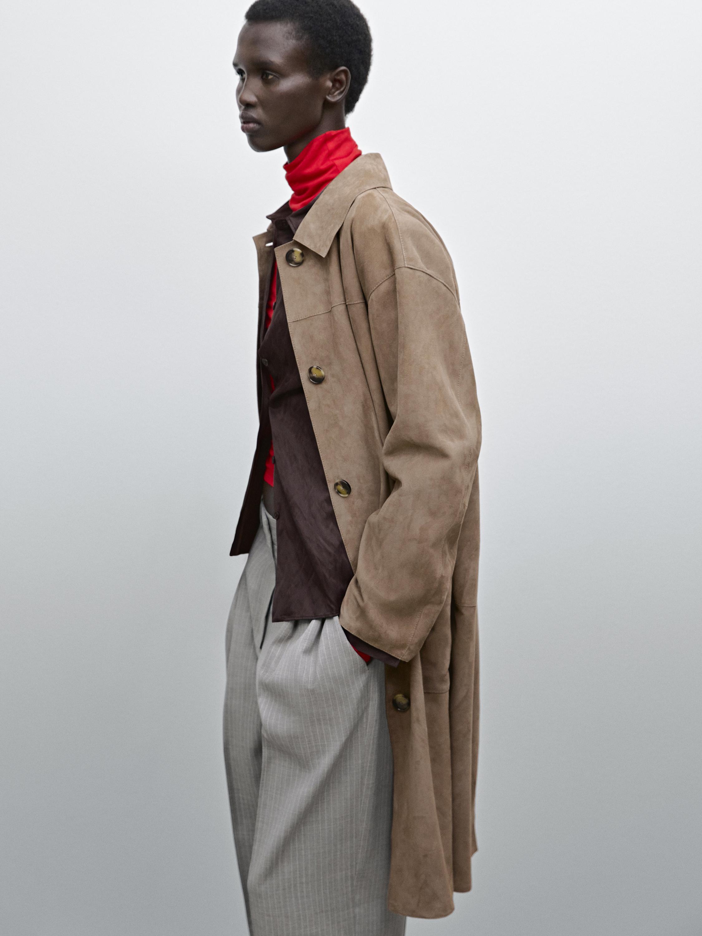 Suede leather trench coat