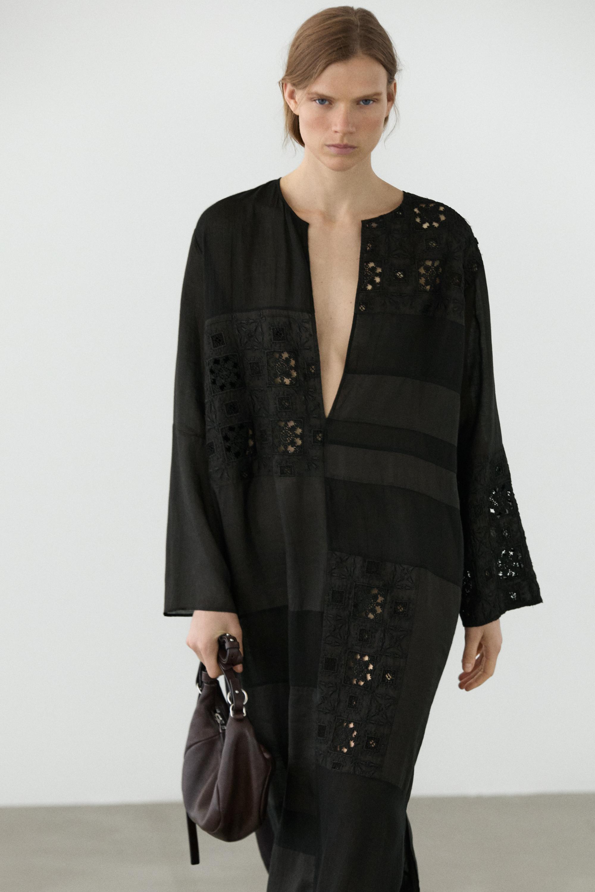 Flowing embroidered kaftan dress — BLACK