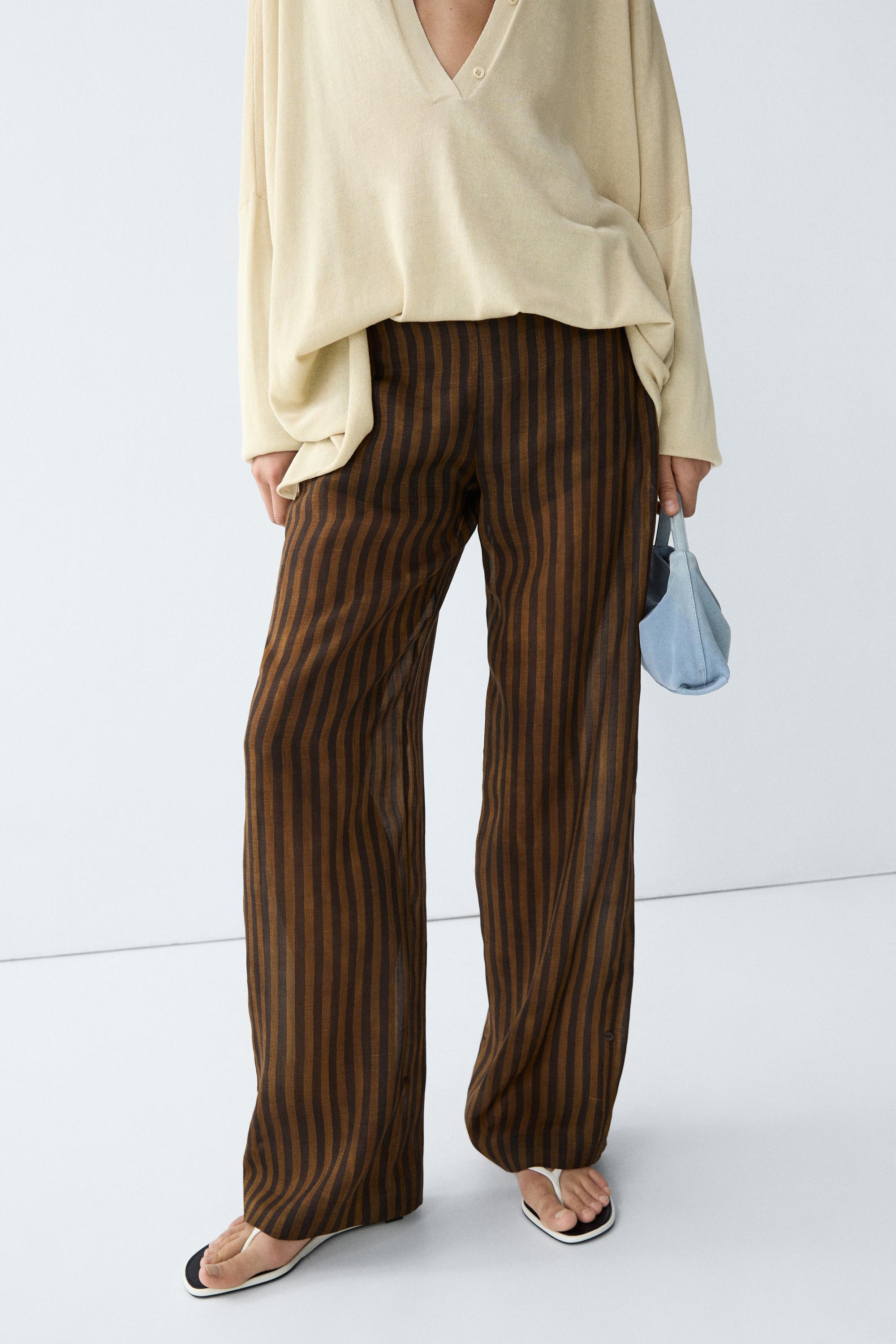 Total look flowing striped pants with button hem — DARK KHAKI