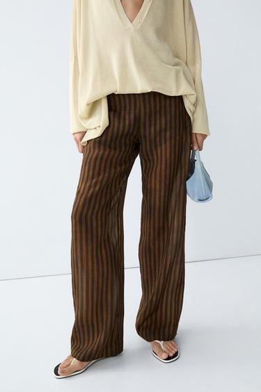 Total look flowing striped pants with button hem — DARK KHAKI 3
