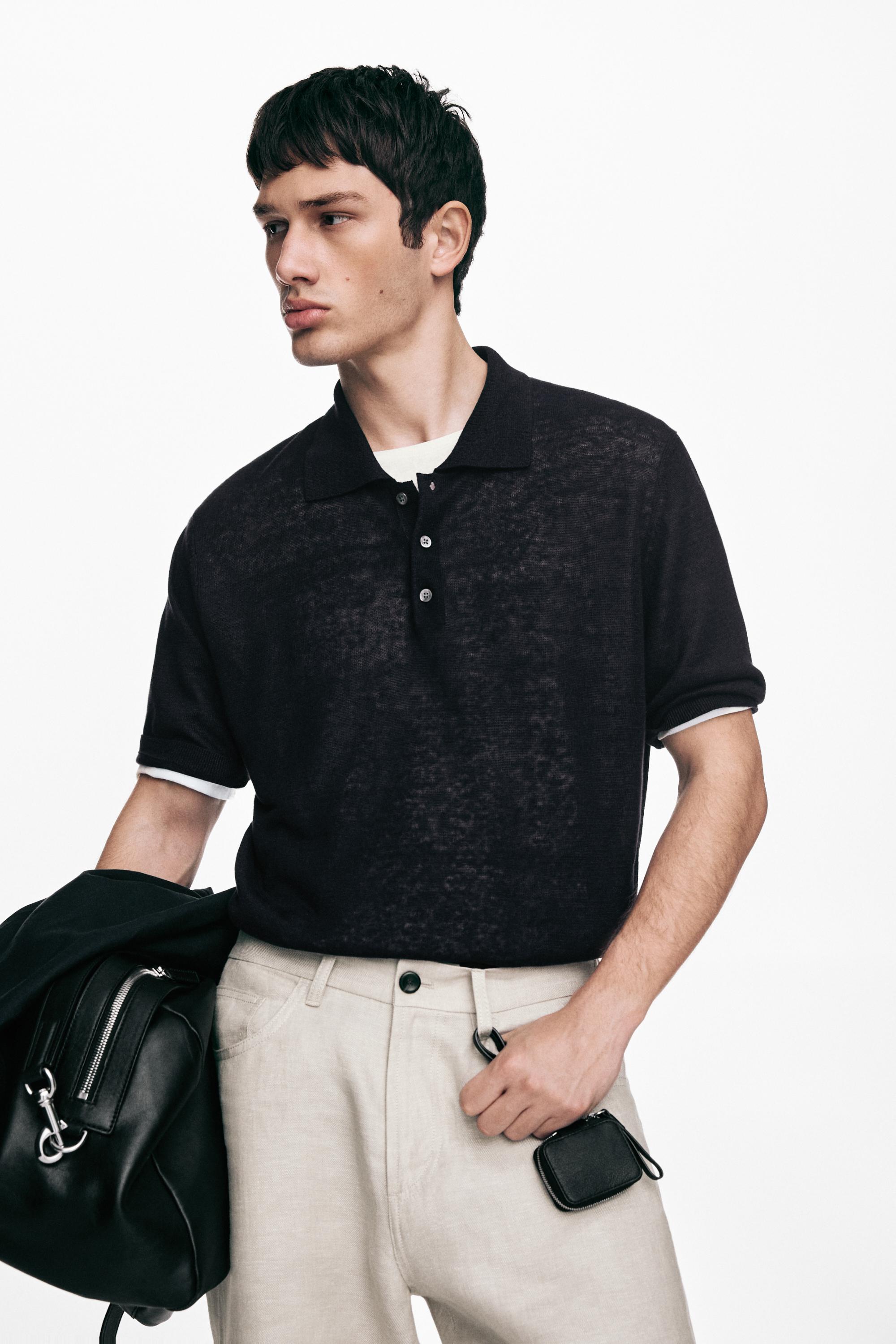 Linen knit polo sweater — NAVY BLUE