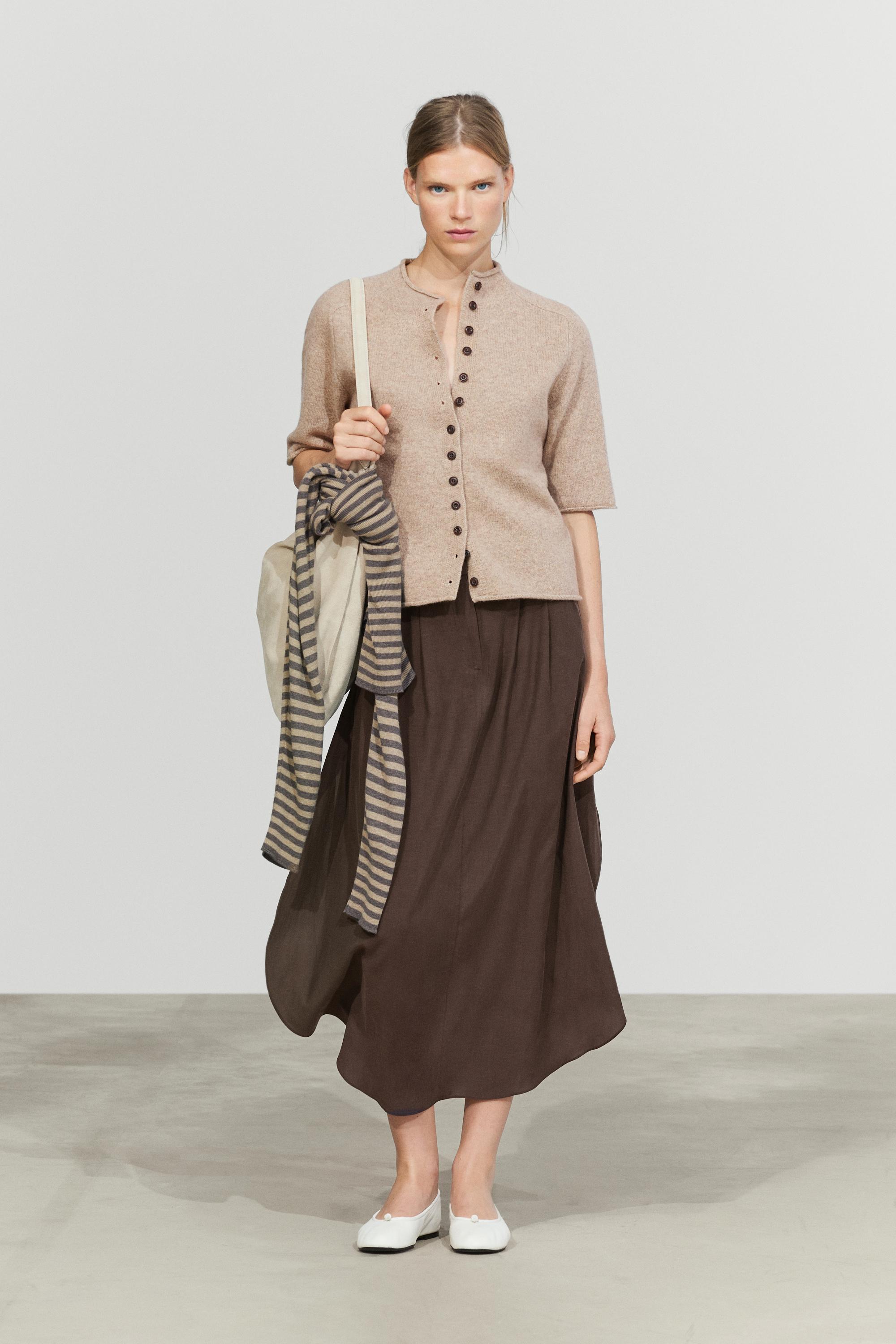 100% wool funnel neck knit cardigan — BEIGE MARL