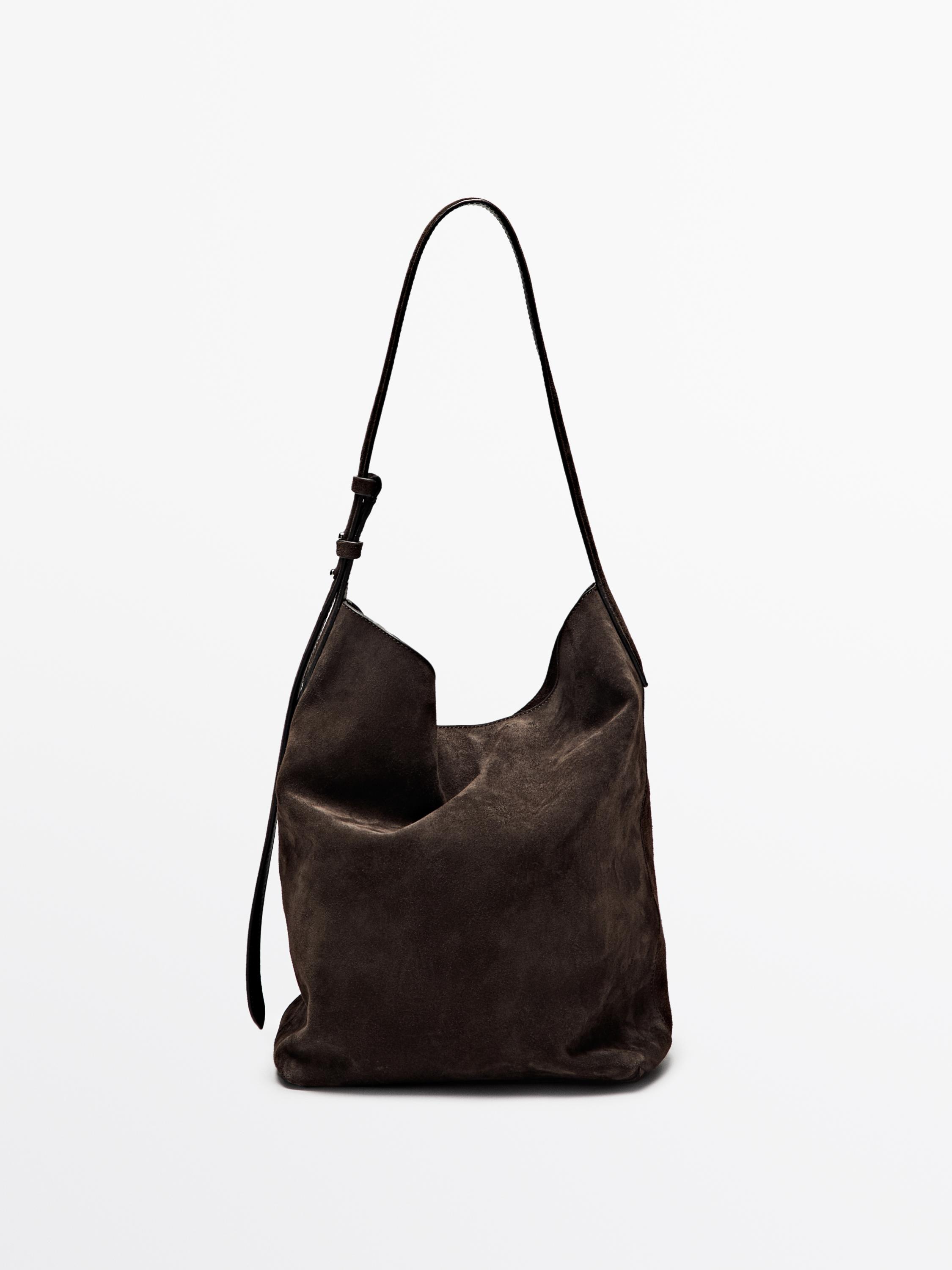 Split suede leather bucket bag — BROWN