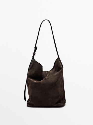 Split suede leather bucket bag — BROWN 5