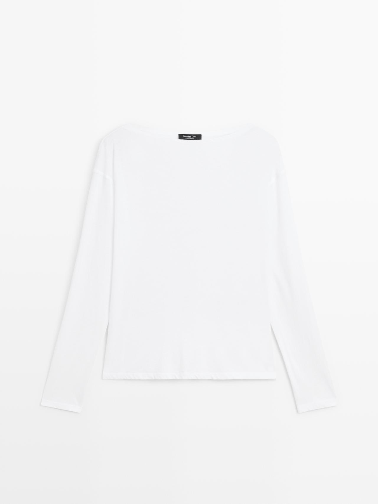 Massimo Dutti - Dames - 100% Katoenen T-Shirt Met Boothals - Wit - Xs