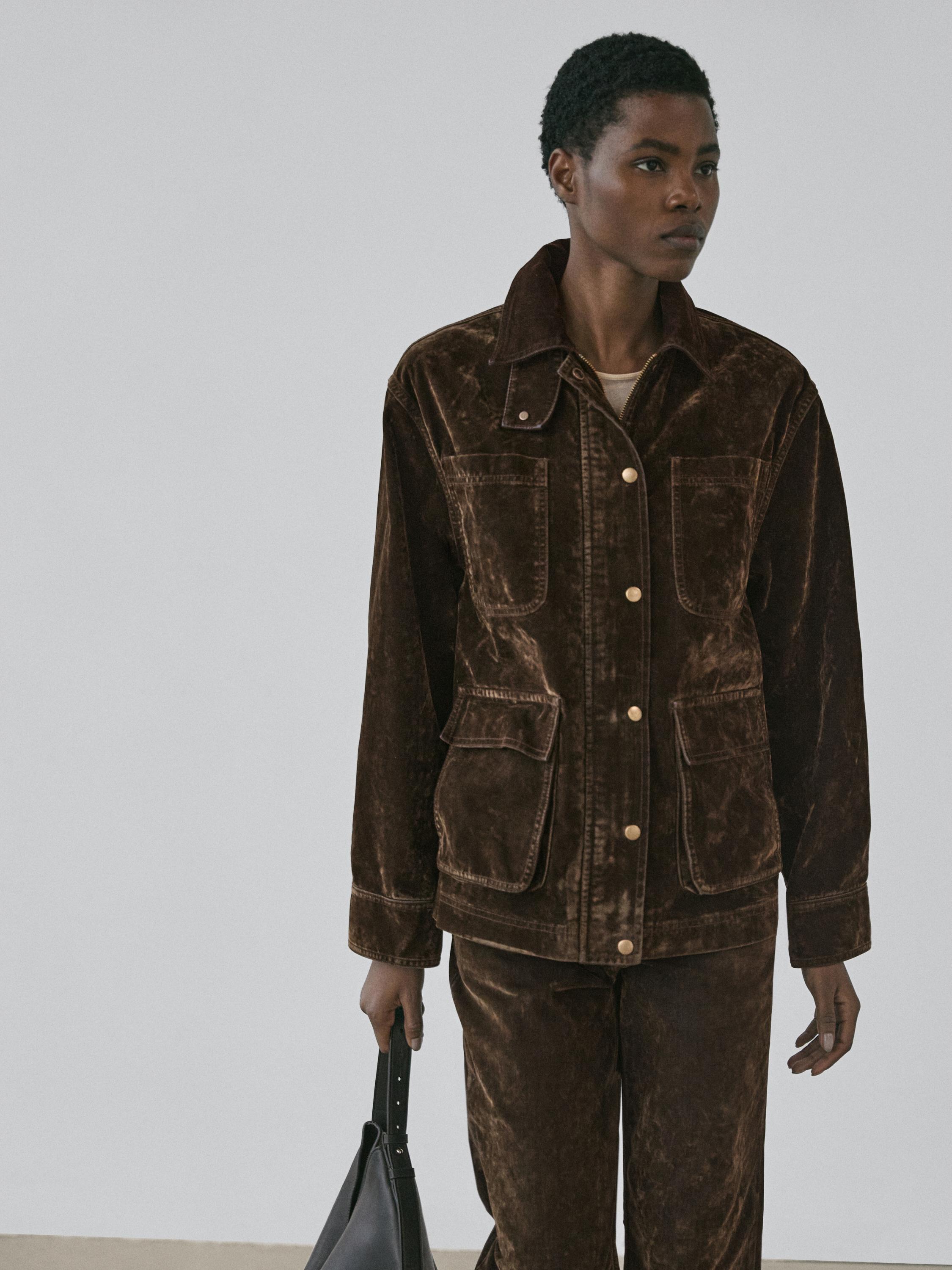 Flocked denim jacket with collar detail — KHAKI
