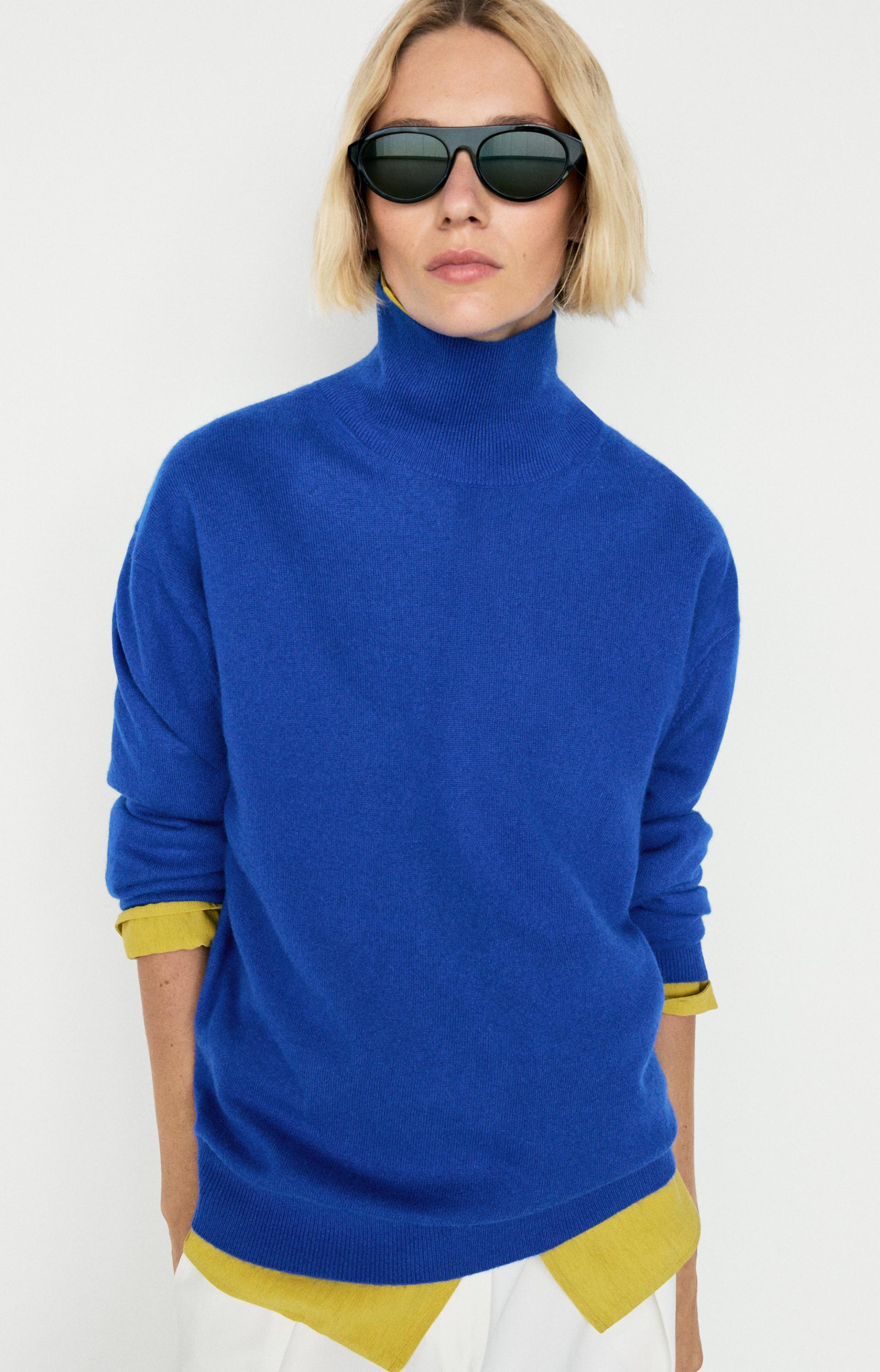 100% cashmere high neck knit sweater — DEEP BLUE
