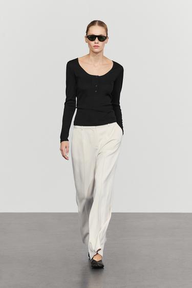 100% cotton button-placket T-shirt — BLACK 1