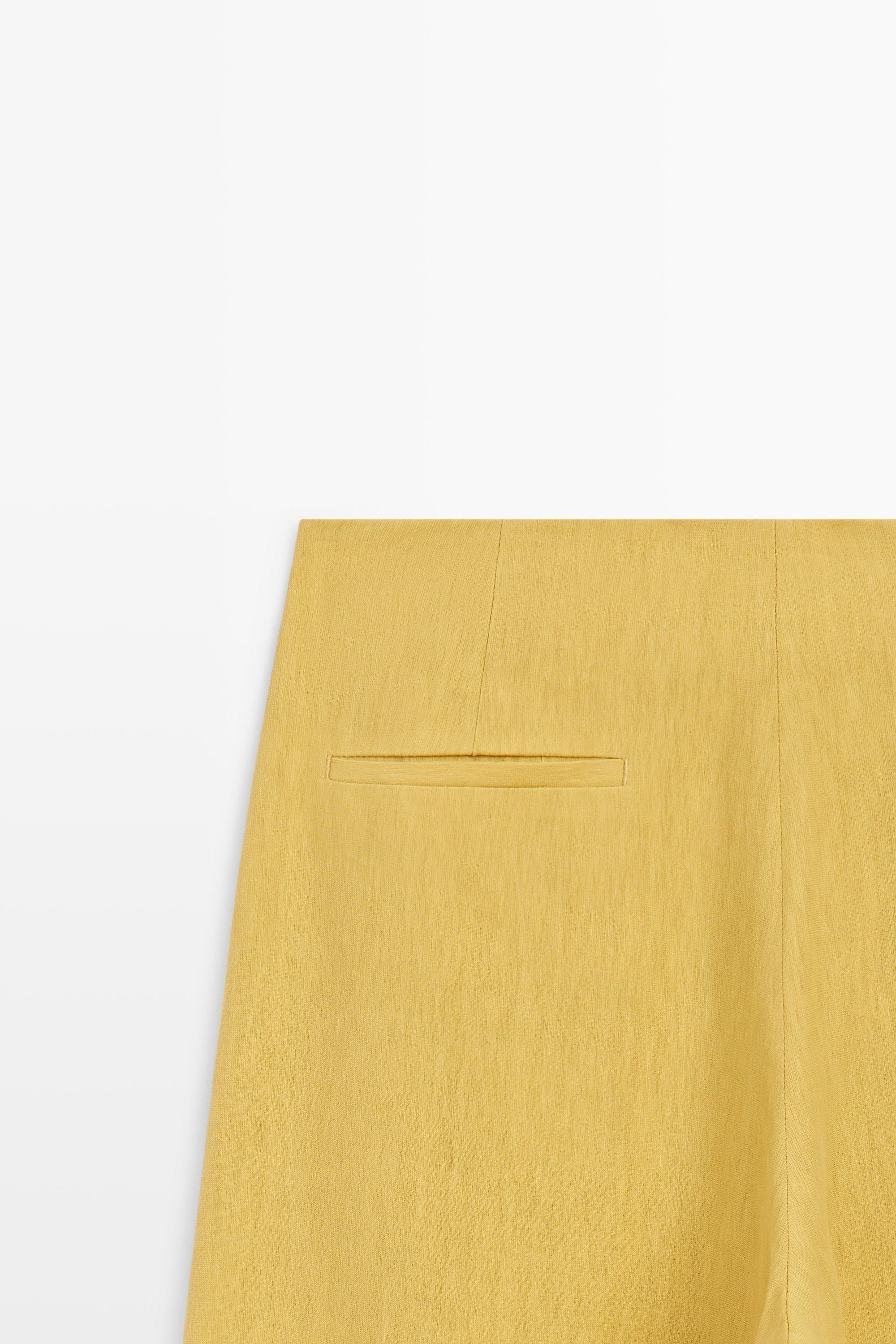 Wide-leg flowing linen blend pleated pants — MUSTARD YELLOW