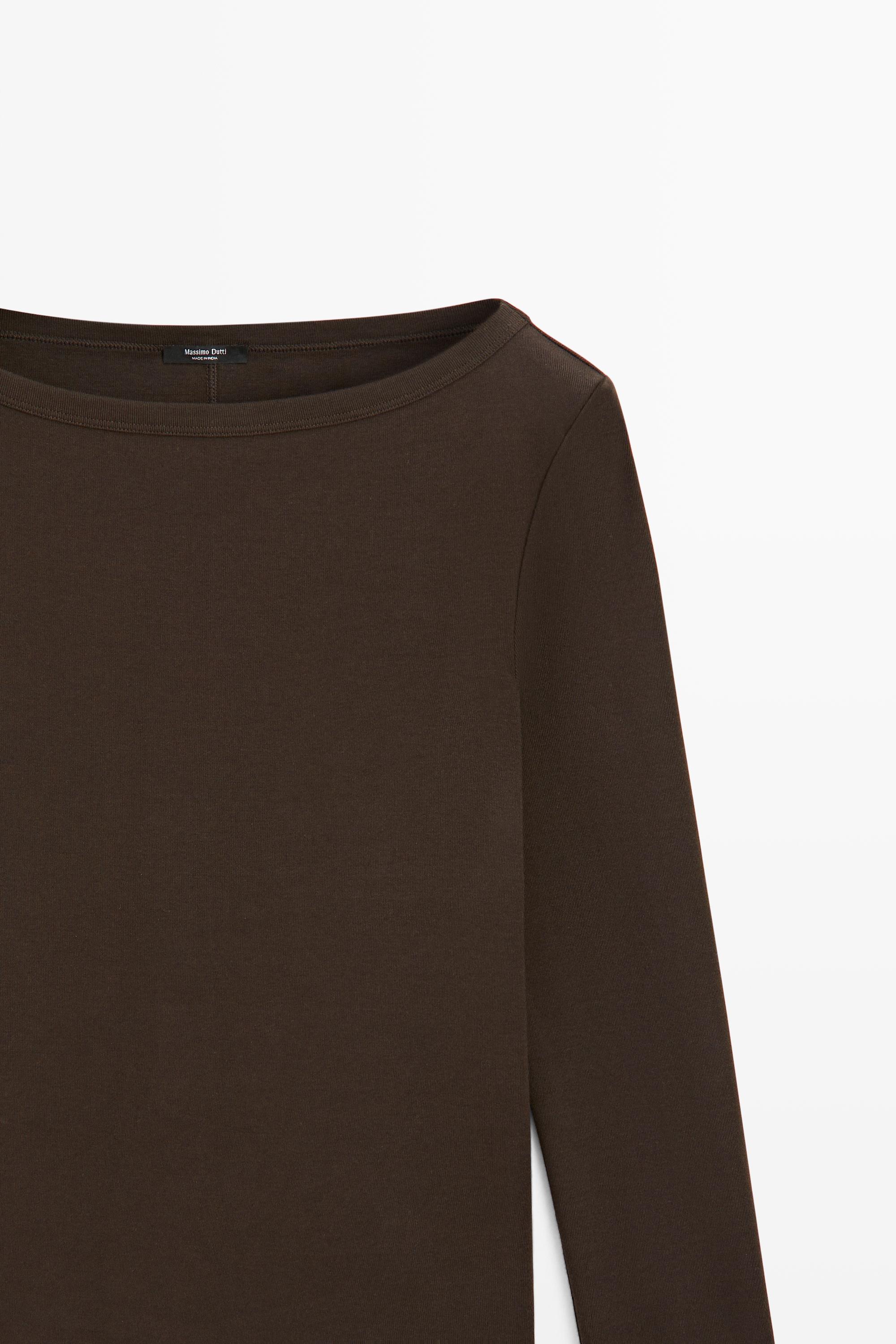 Long Sleeve Boat Neck T-shirt — BROWN