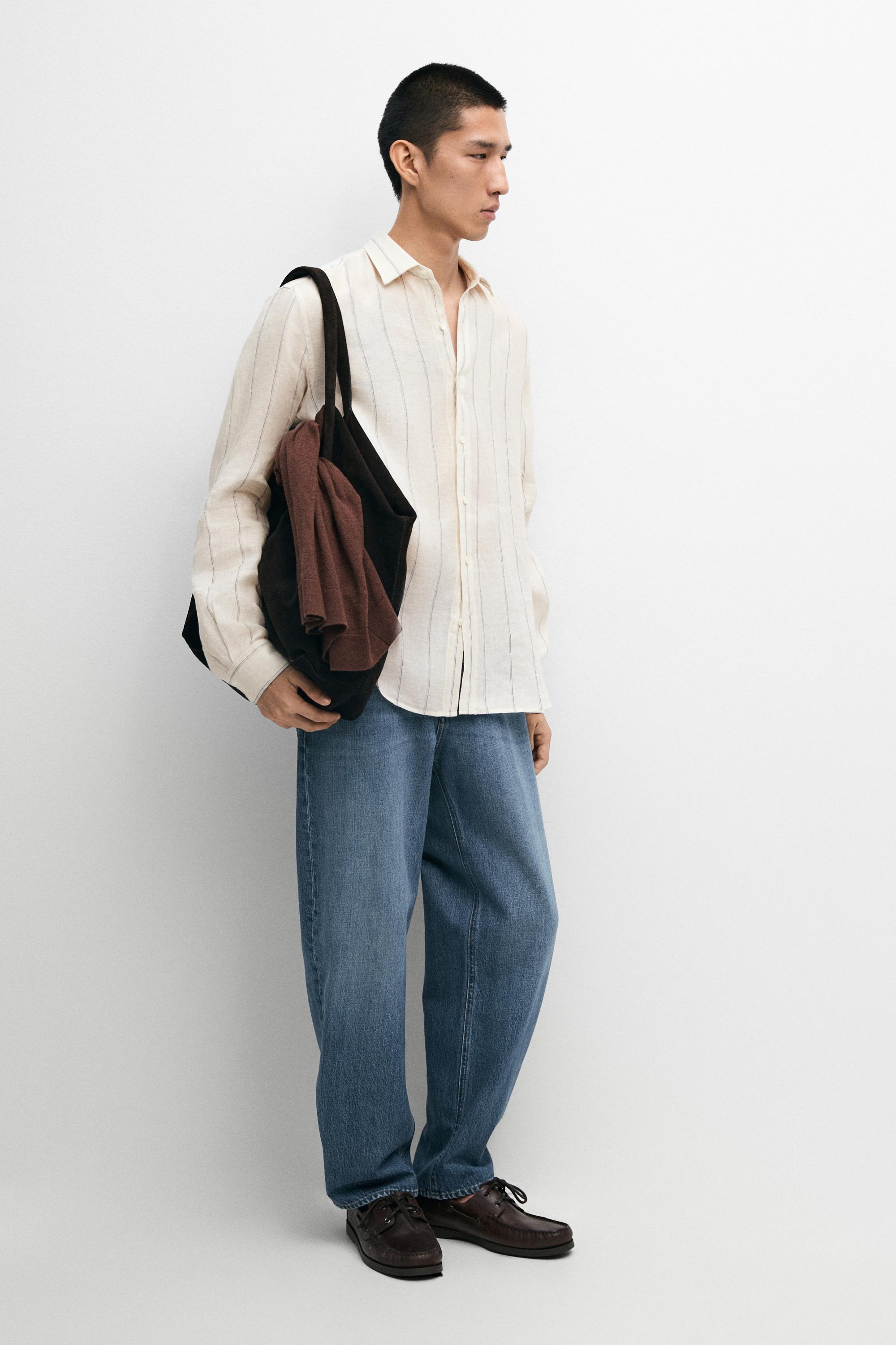 100% linen regular fit striped shirt — CREAM