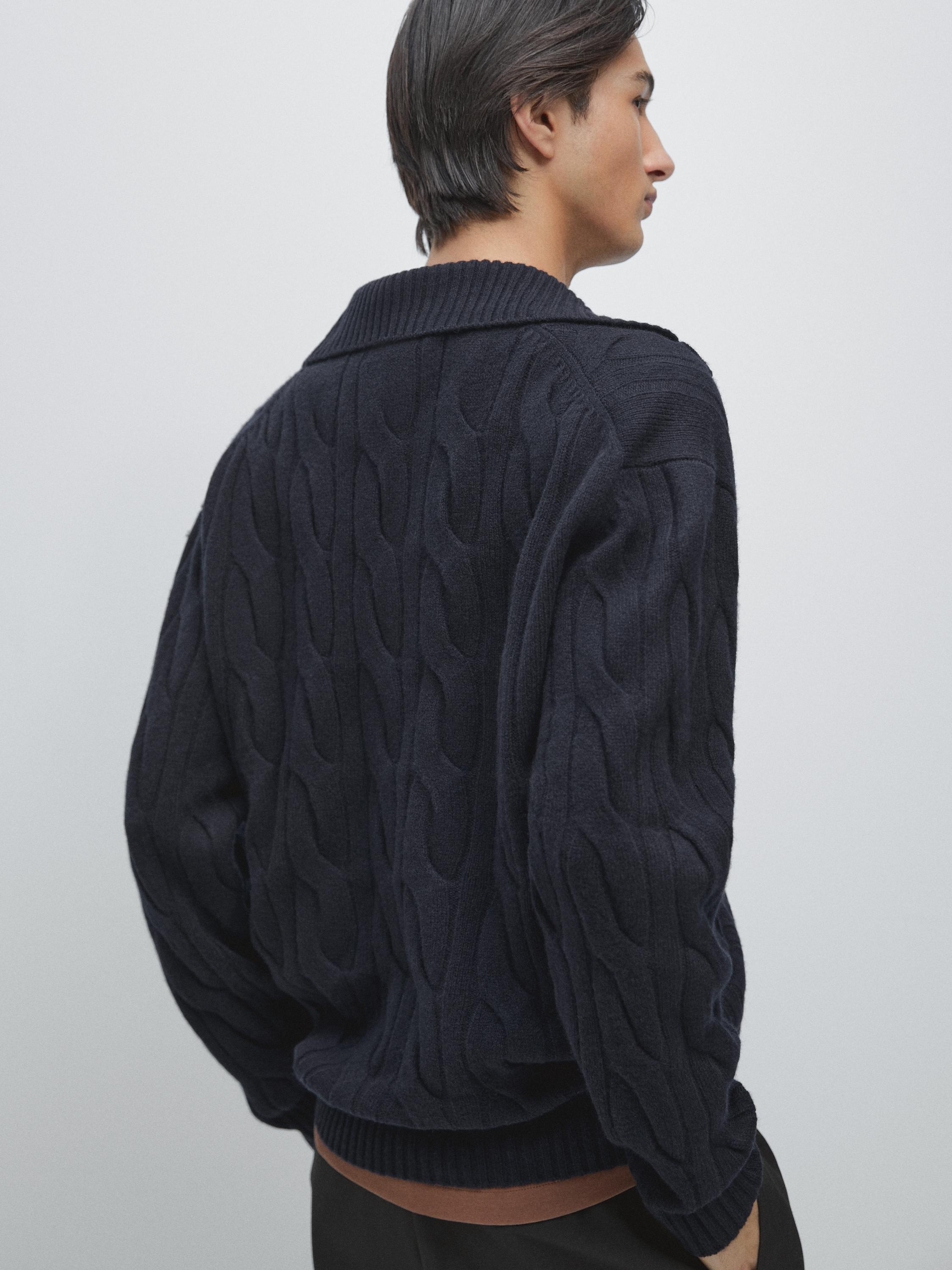 Wool cable-knit polo sweater — NAVY BLUE