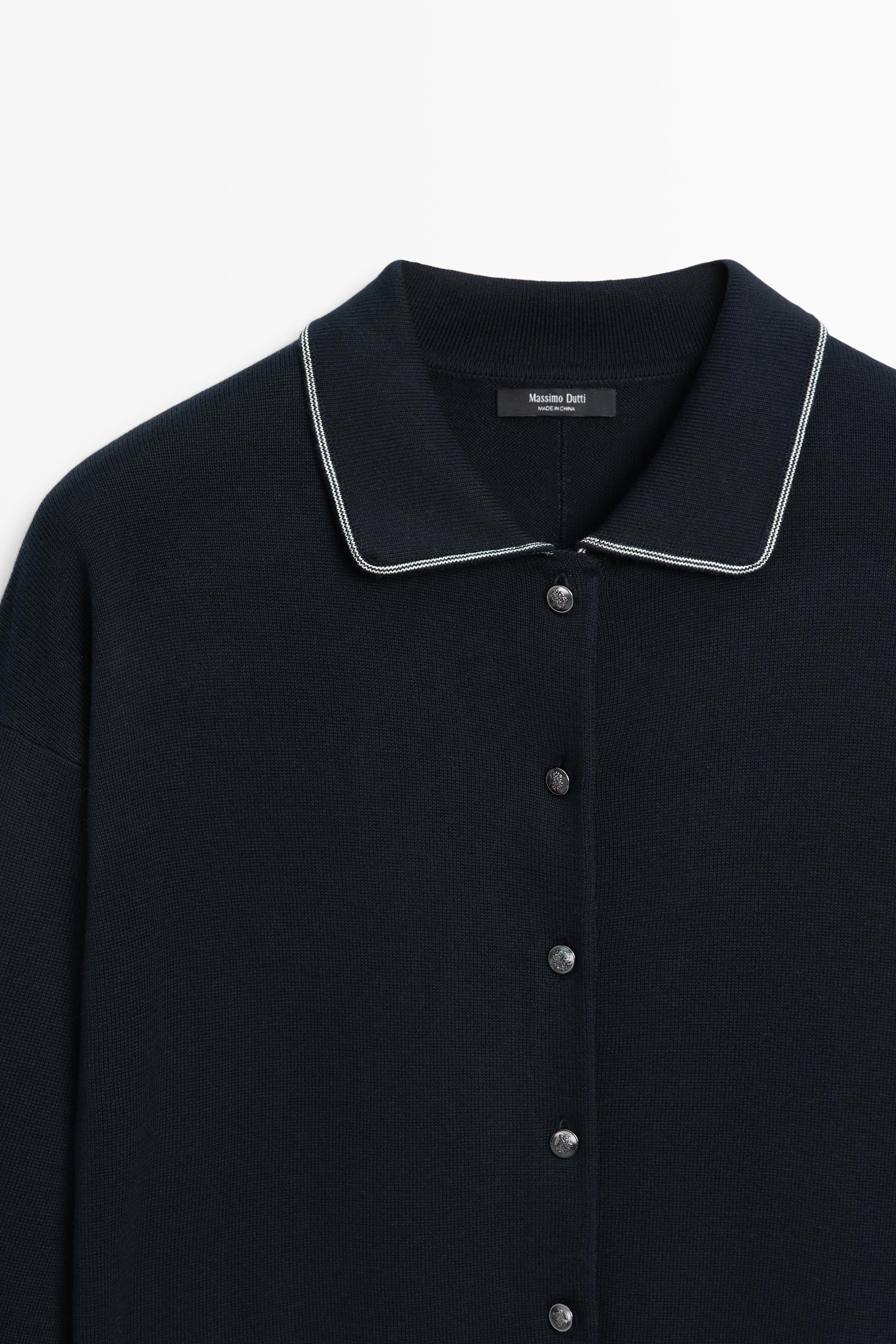 100% cotton contrast polo collar cardigan — NAVY BLUE