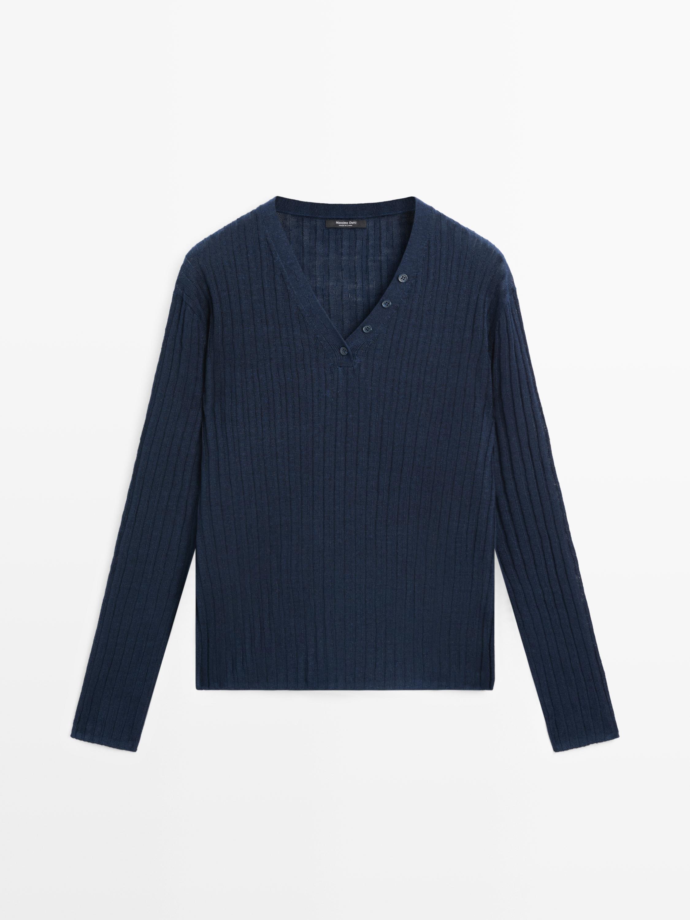 100% linen knit sweater with button details — INK BLUE