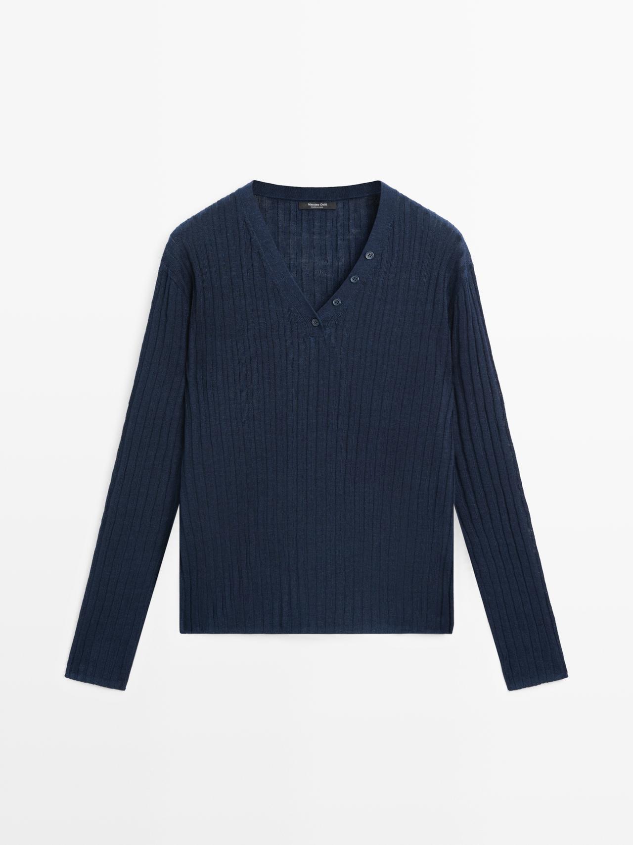 Massimo Dutti - Dames - 100% Linnen Tricot Trui Met Knoopdetails - Inktblauw - Xs