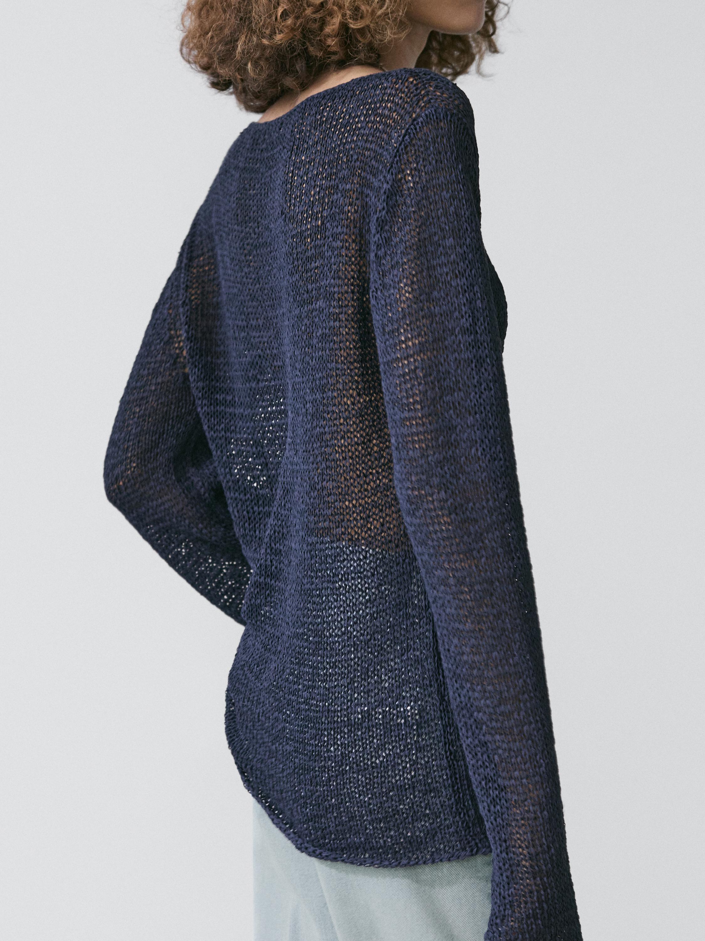 Cotton blend knit boat neck sweater — Dark Blue