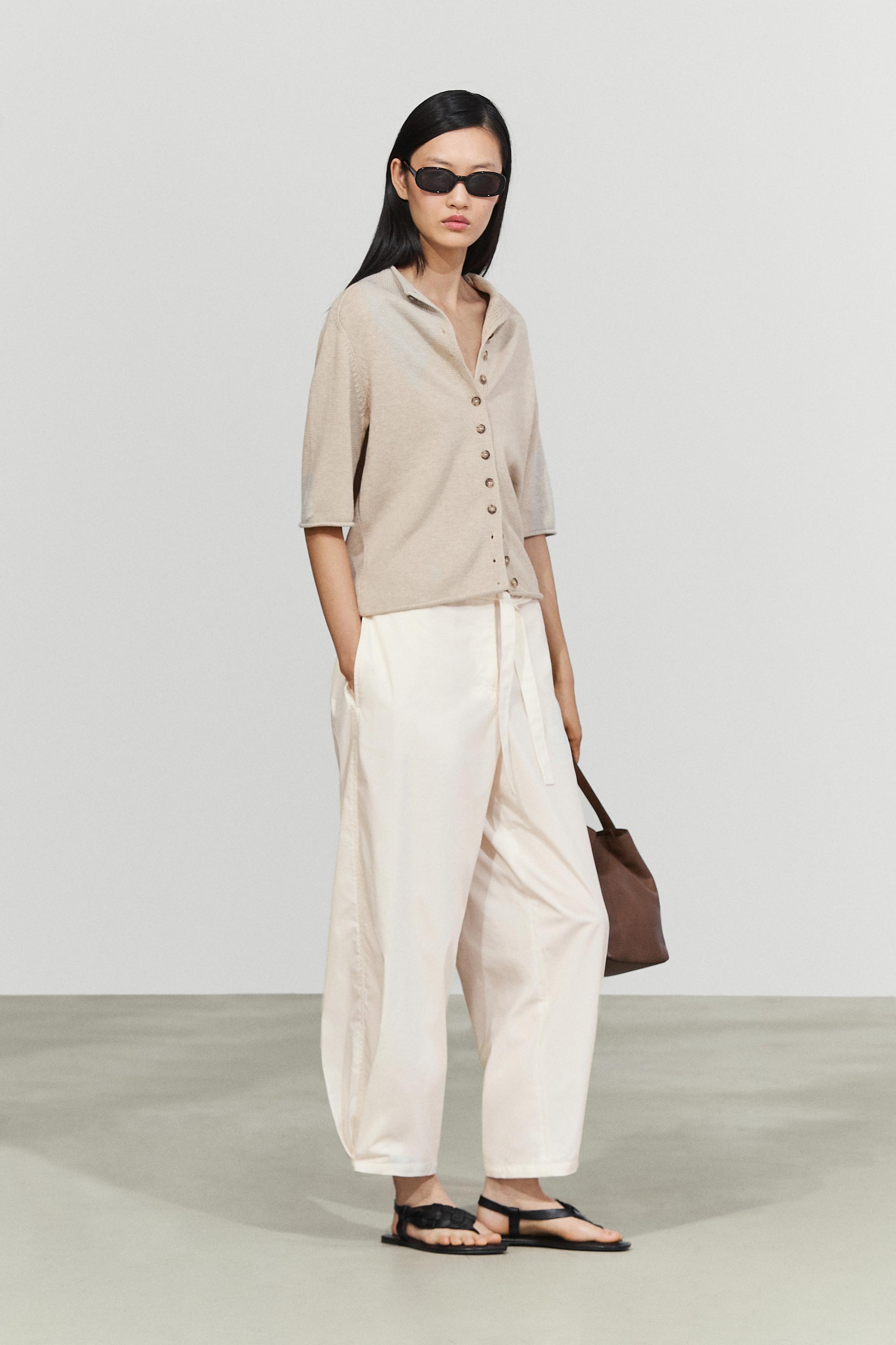 Cotton funnel neck knit cardigan — STONE