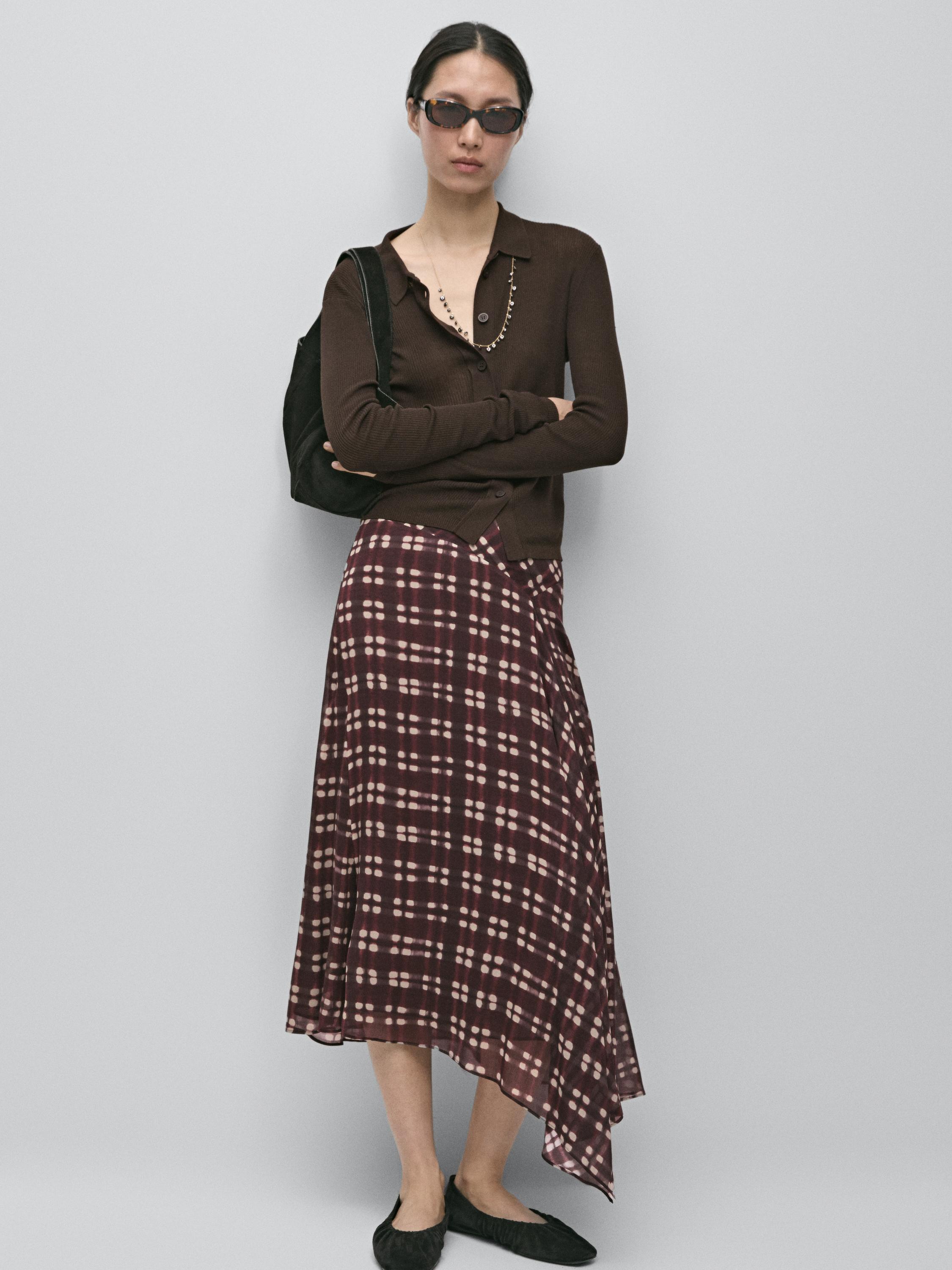 Asymmetric check midi skirt
