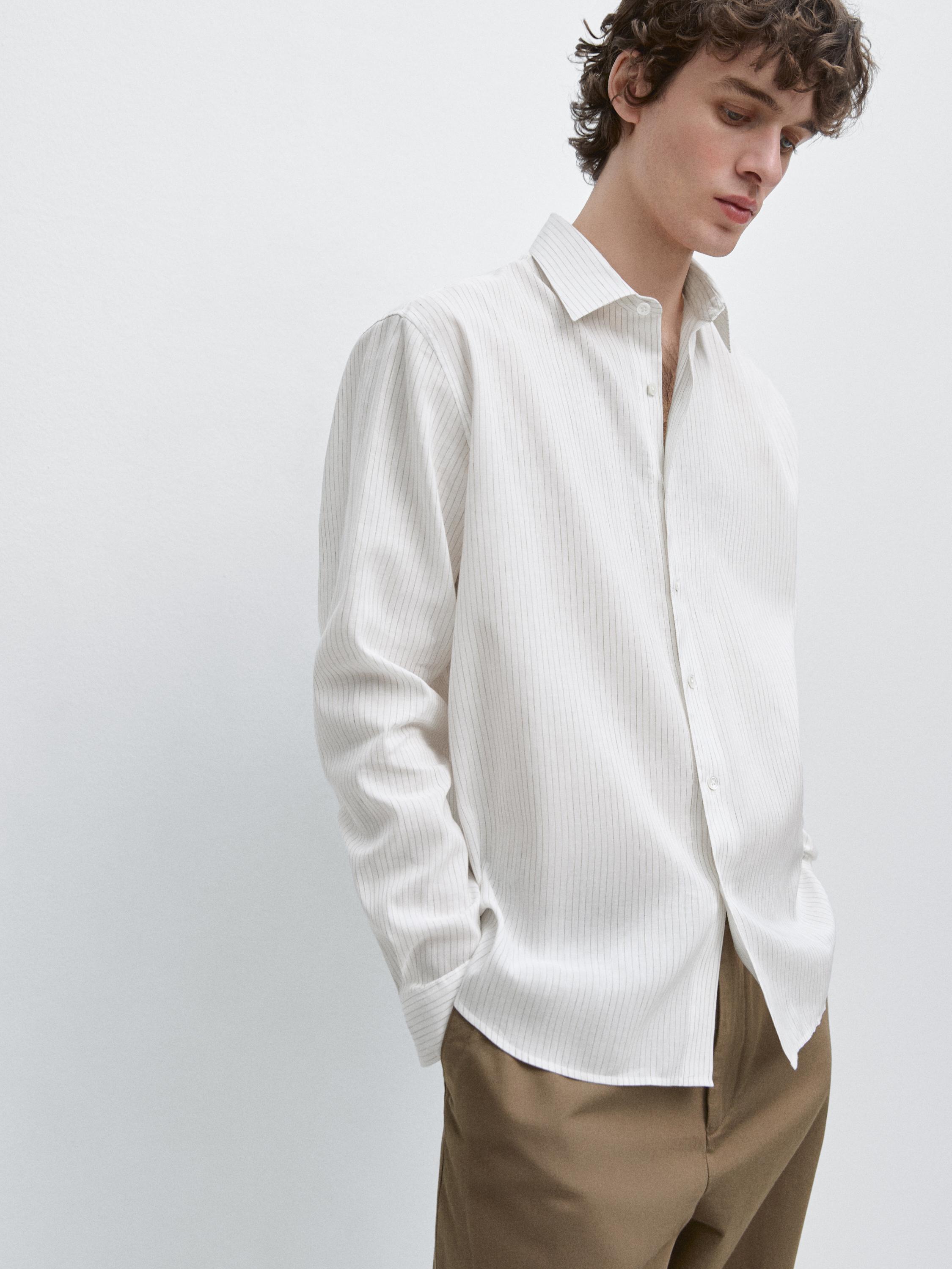 Cotton blend regular fit striped shirt — MUSTARD YELLOW
