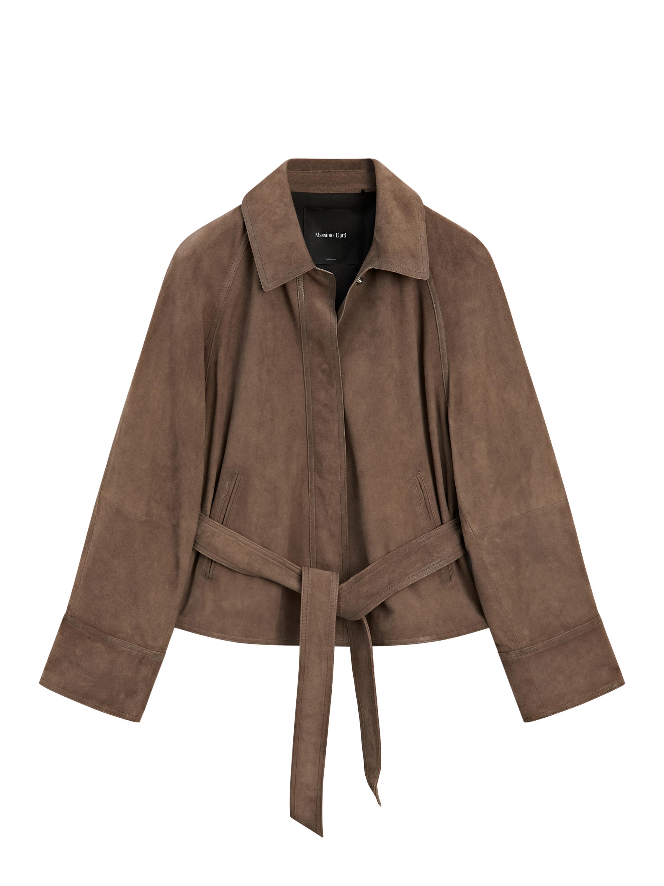 Suede leather jacket with belt · Mole Brown · Bomberâ Jacket