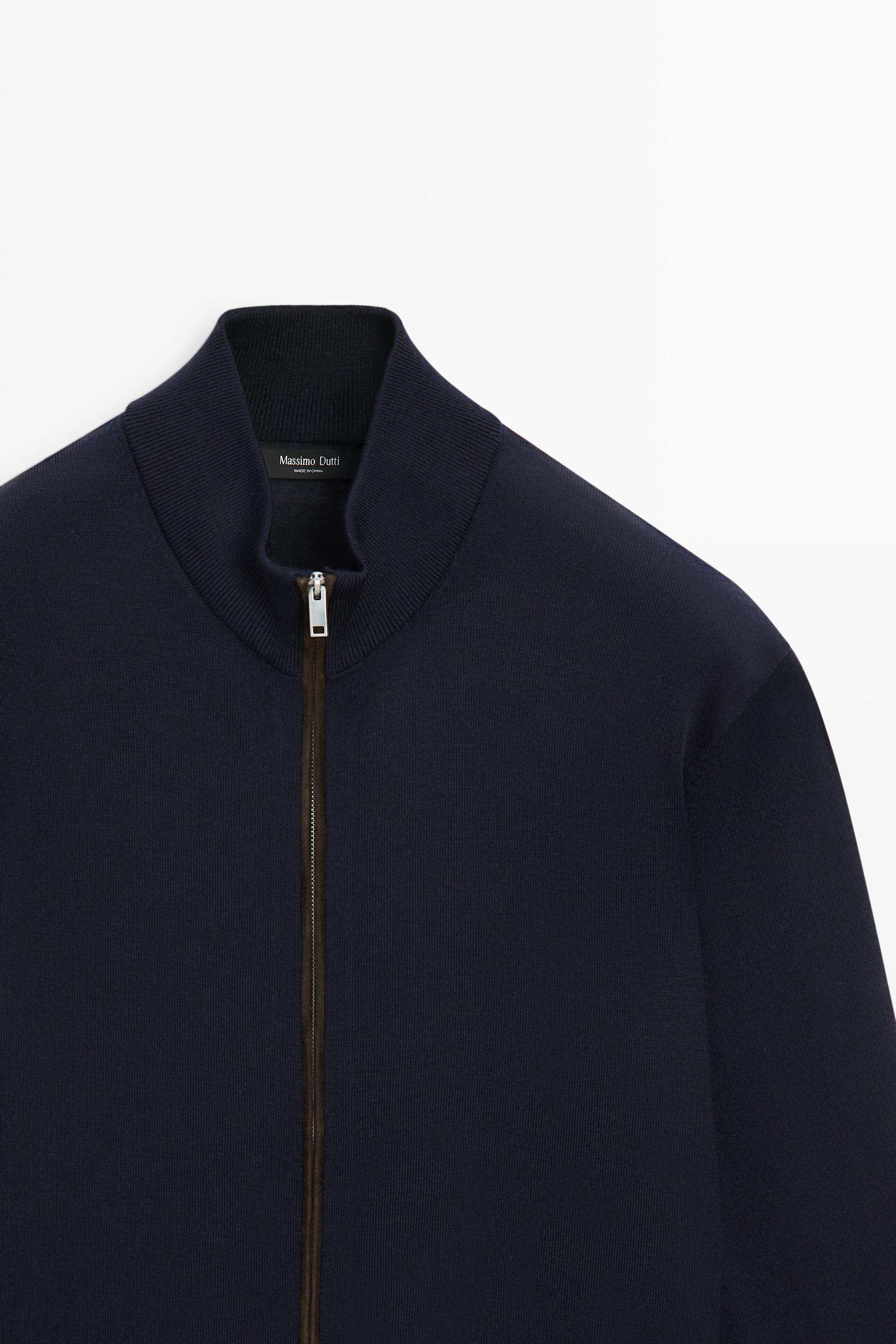 Merino wool blend zip-up knit cardigan — NAVY BLUE