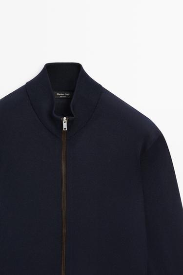 Merino wool blend zip-up knit cardigan — NAVY BLUE 4