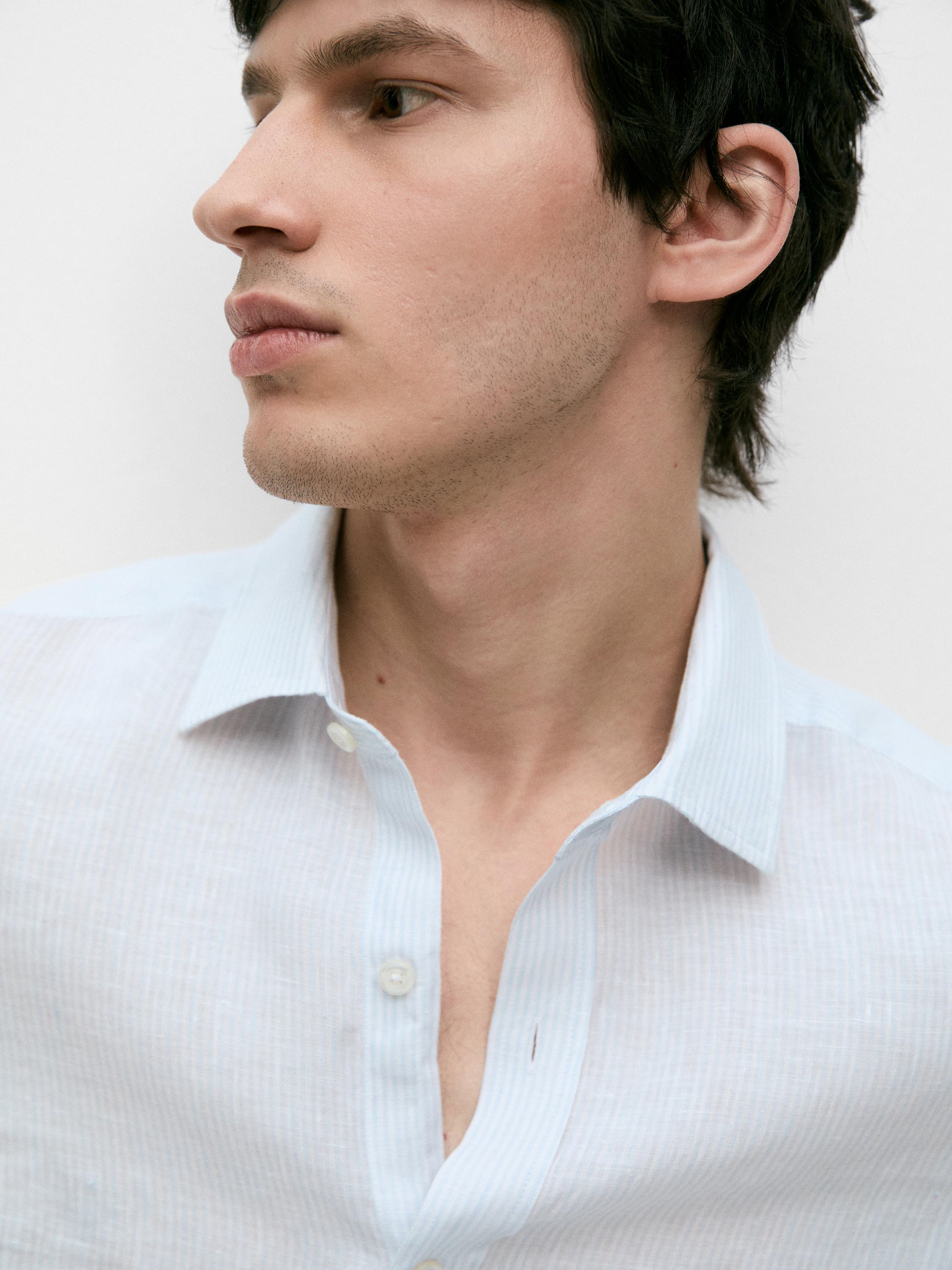 Striped slim fit linen shirt — Sky blue