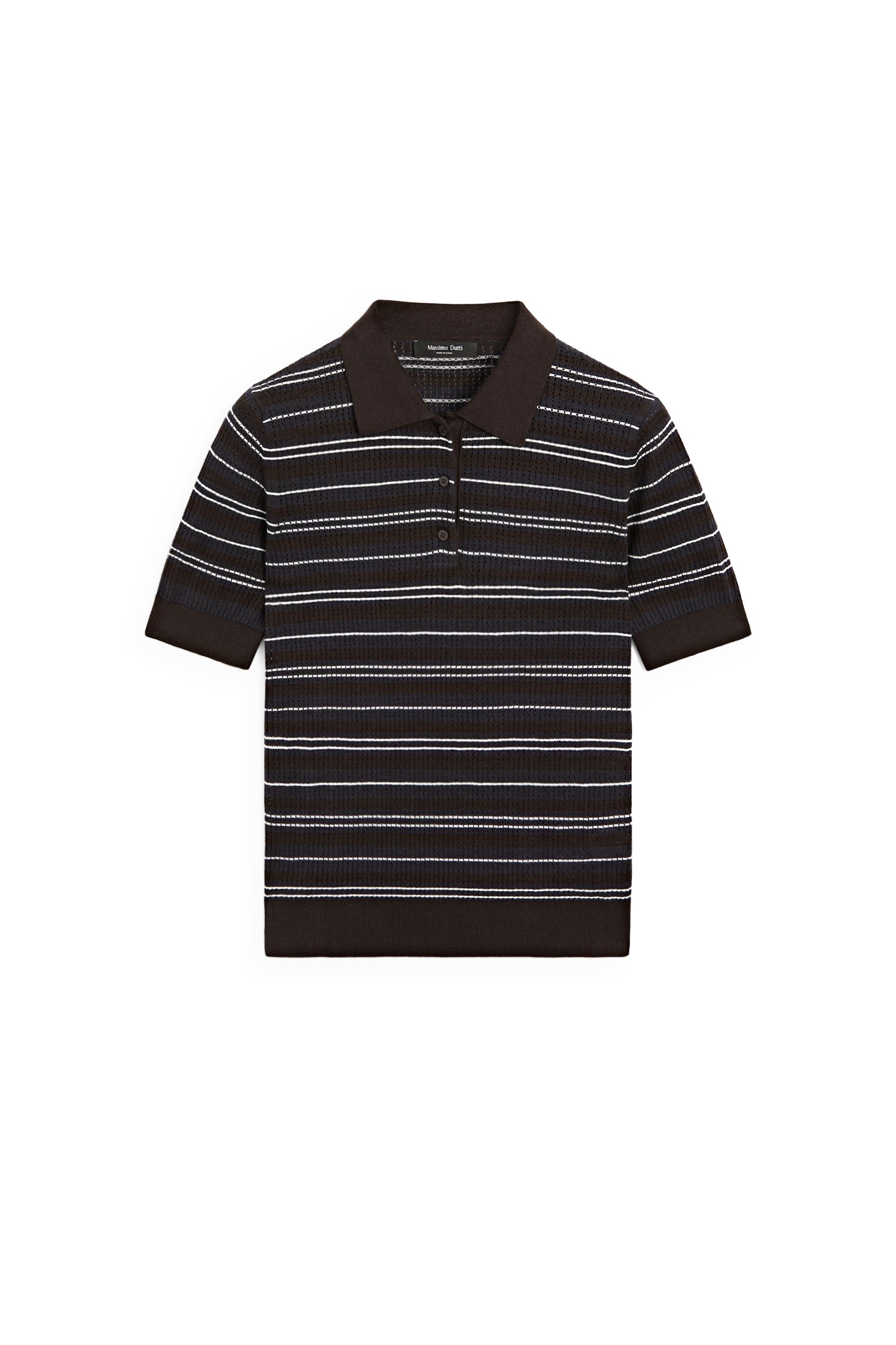 Massimo Dutti Pamuk karışımlı çizgili ajurlu polo yaka t-shirt görsel 5