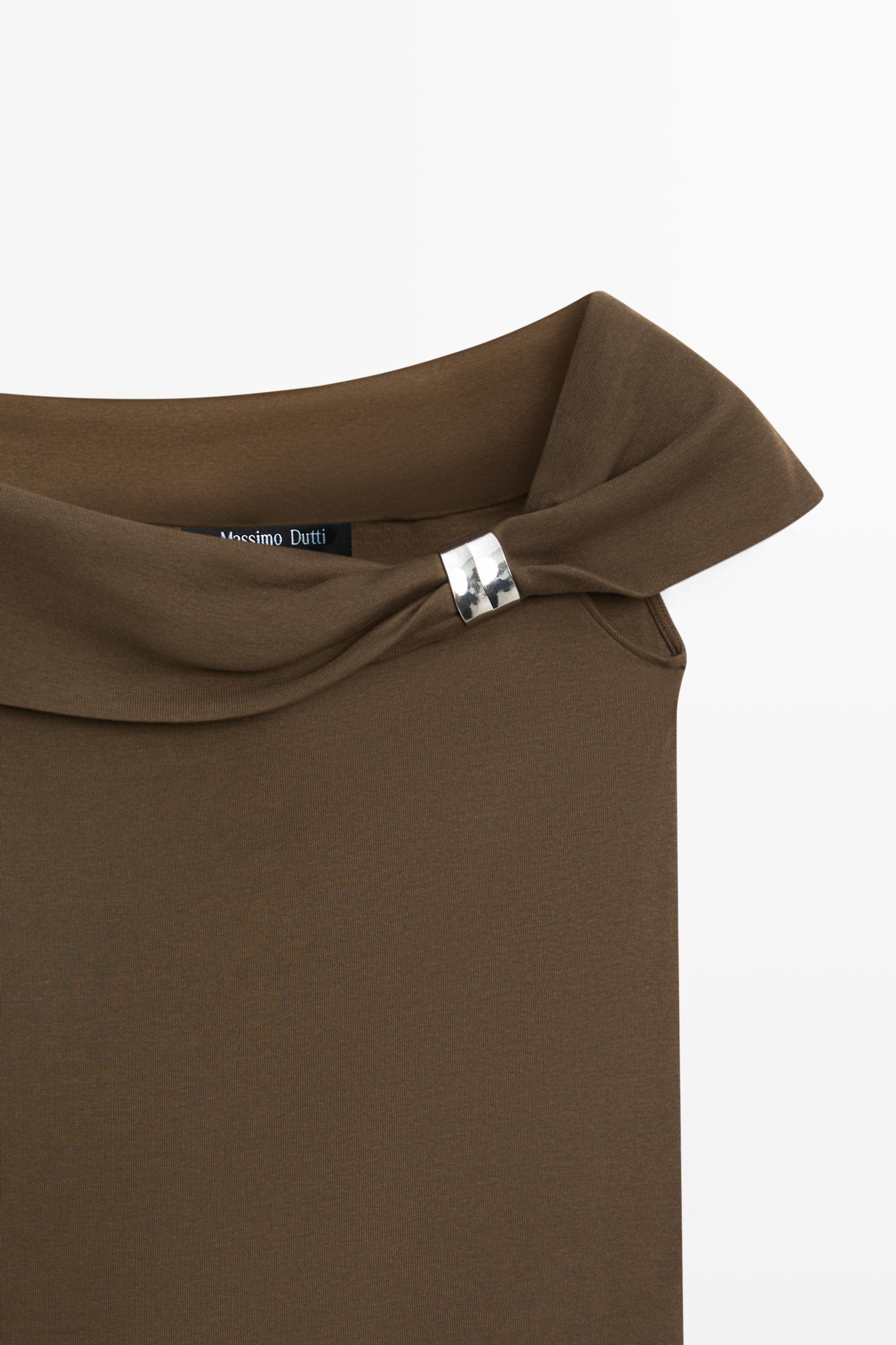 Off-the-shoulder top with jewel detail — KHAKI