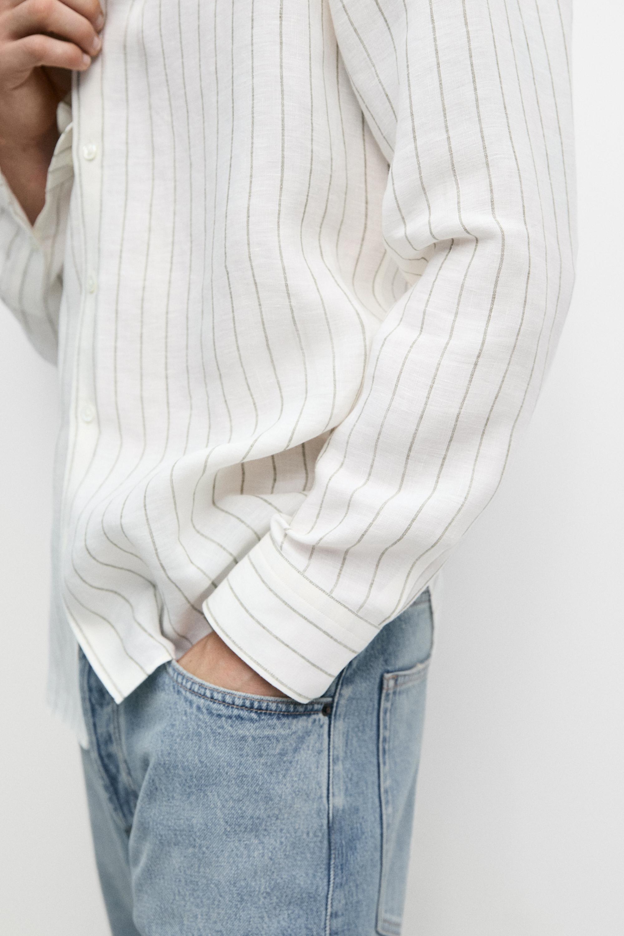 100% linen striped stand collar shirt — SAND