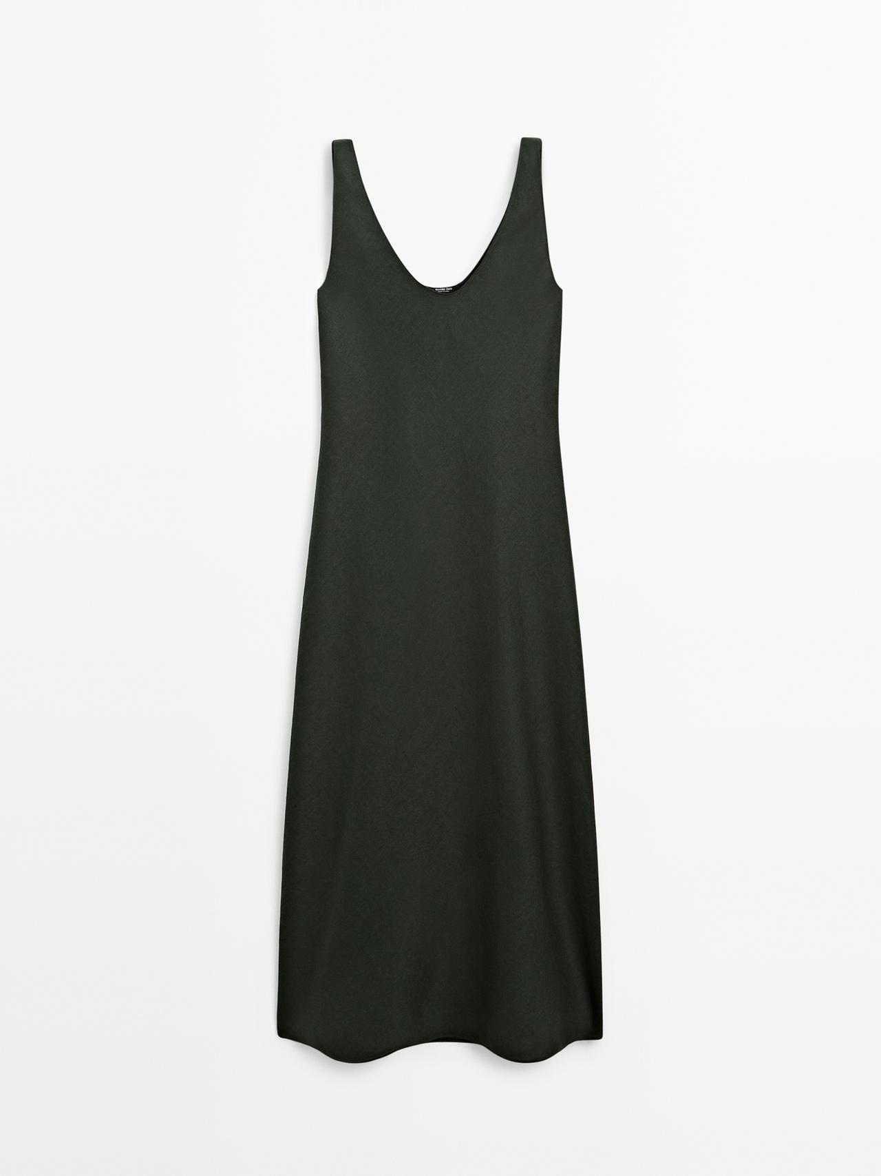 Massimo Dutti - Dame - Midikjole I 100 % Hør - Mørkegrøn - S