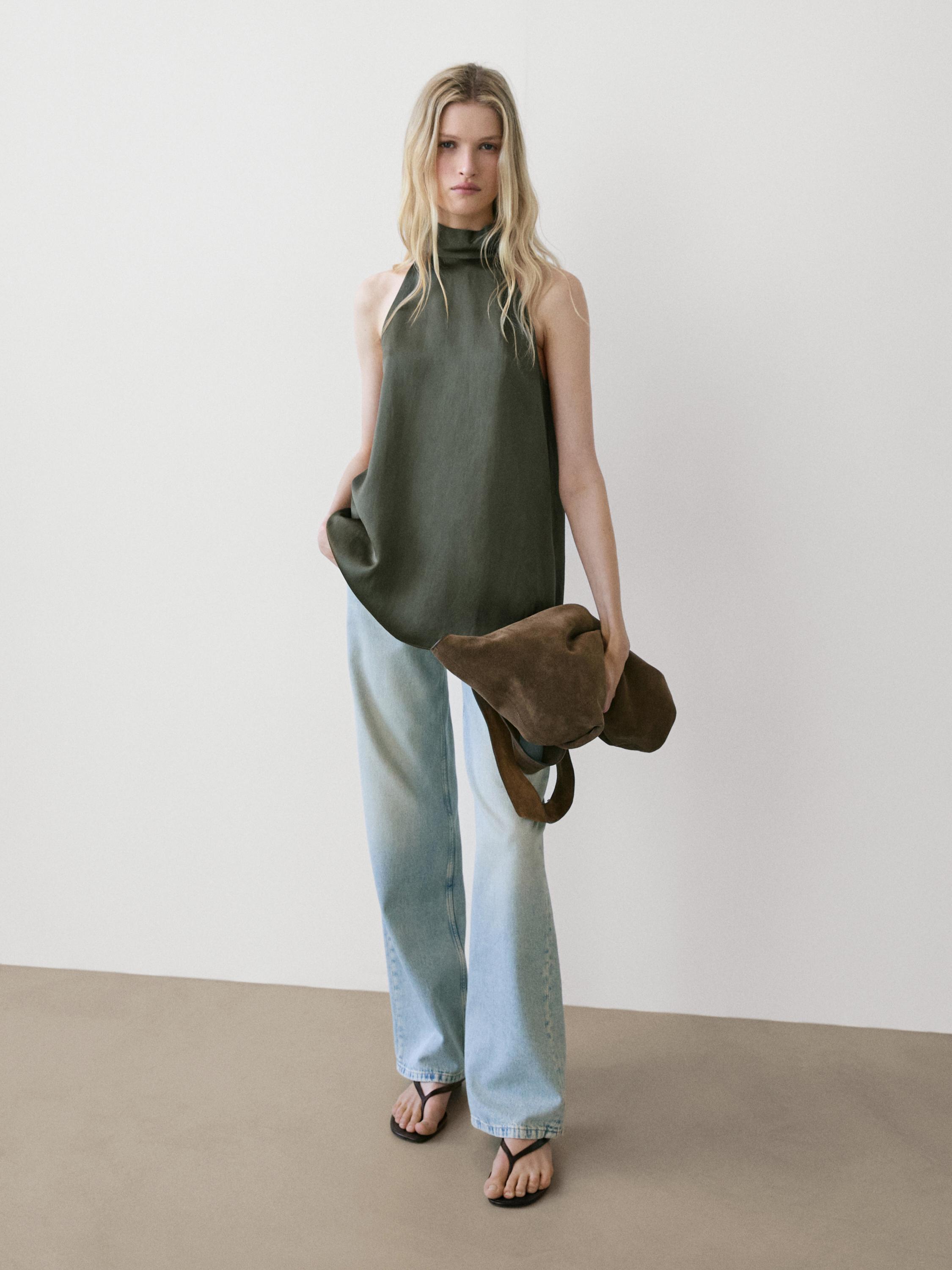 Satin halter top with tie detail — BLUISH GREEN