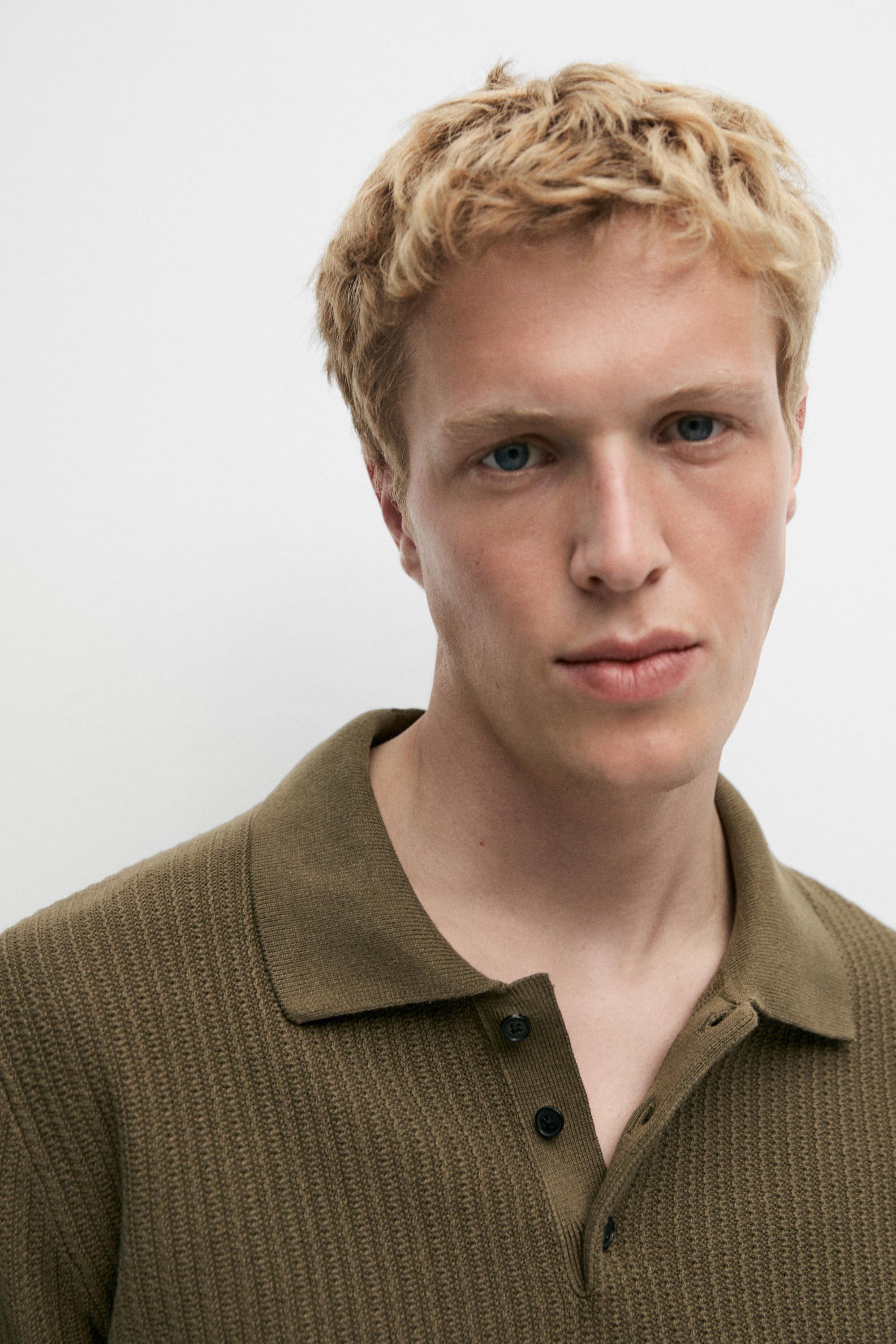 100% cotton textured knit polo sweater — KHAKI