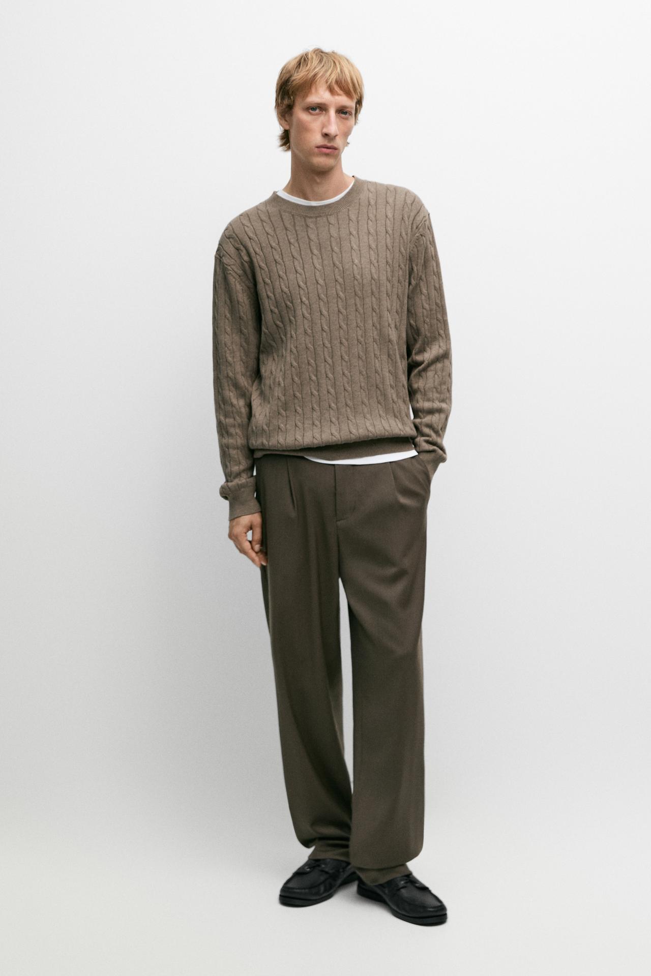 Cable-knit round neck sweater — KHAKI