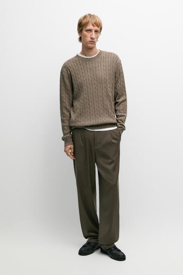 Cable-knit round neck sweater — KHAKI 1
