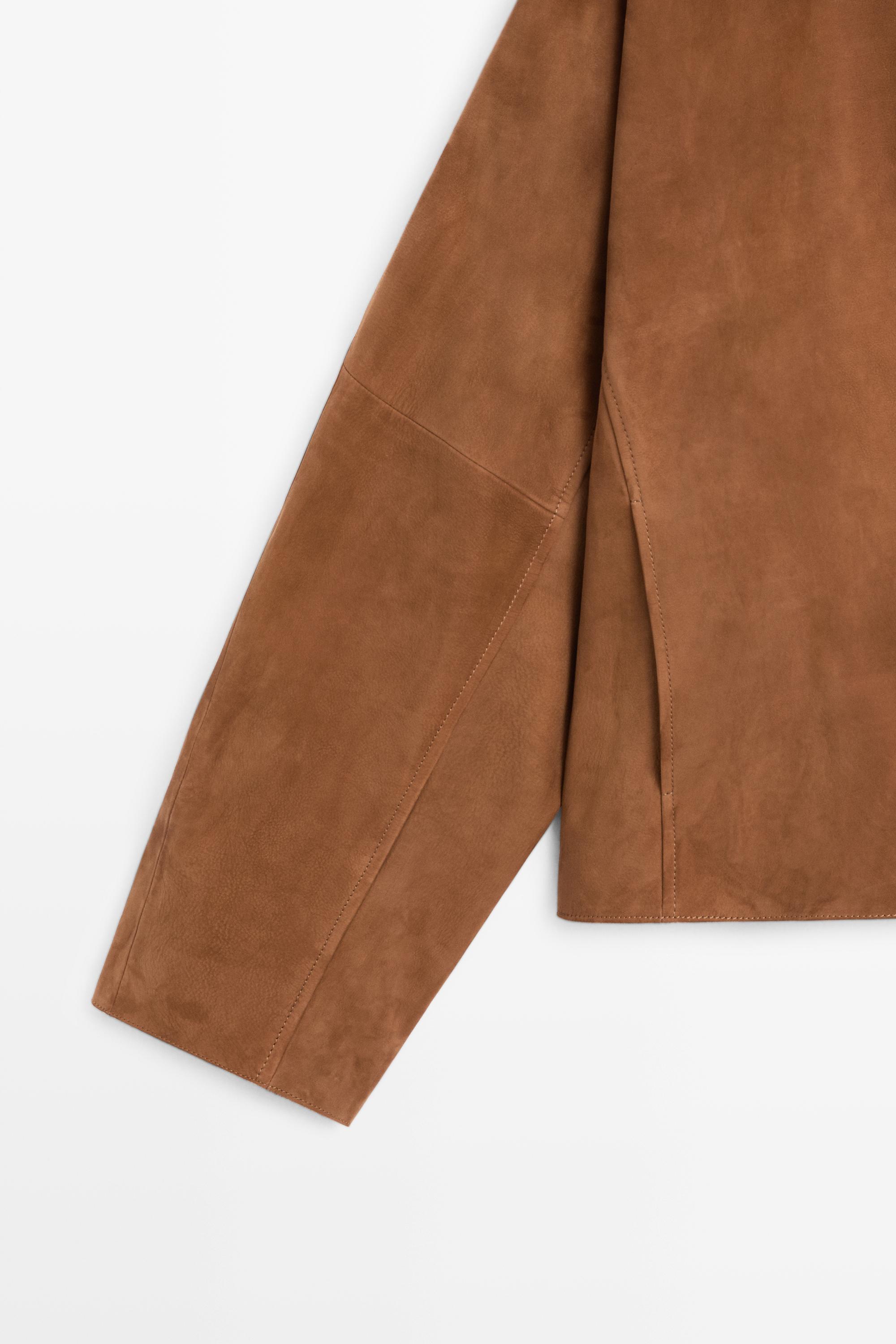 Suede V-neck balloon jacket — CAMEL