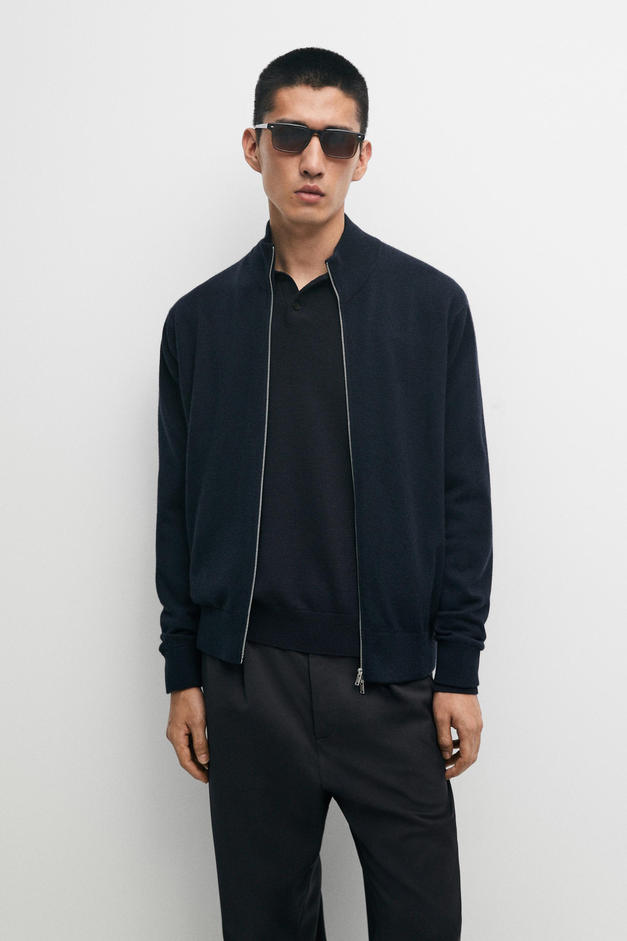 100% cashmere zip-up knit cardigan — NAVY BLUE