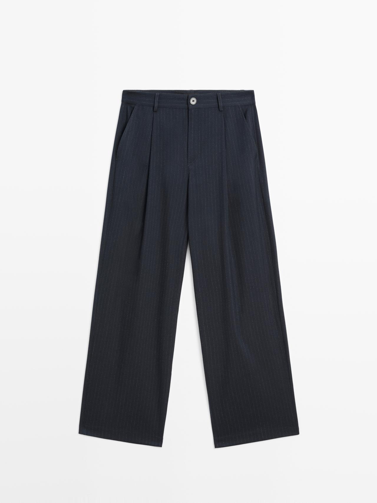 Massimo Dutti - Dames - Wijde Broek Met Halfhoge Taille En Krijtstreep - Marineblauw - 40