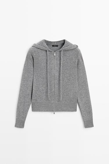 Wool blend hooded knit cardigan — MEDIUM GREY 2