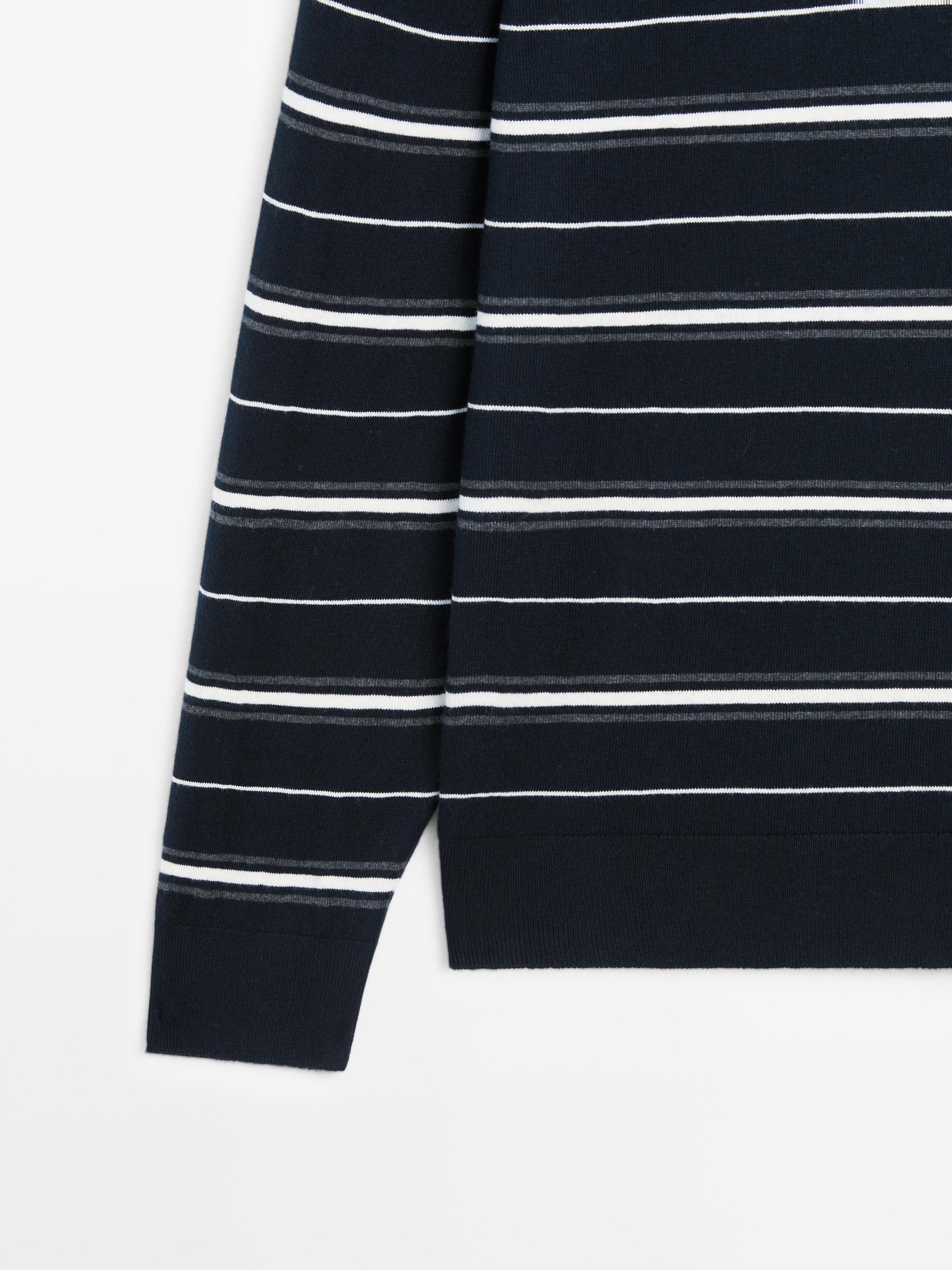 Cotton blend striped knit polo sweater — NAVY BLUE