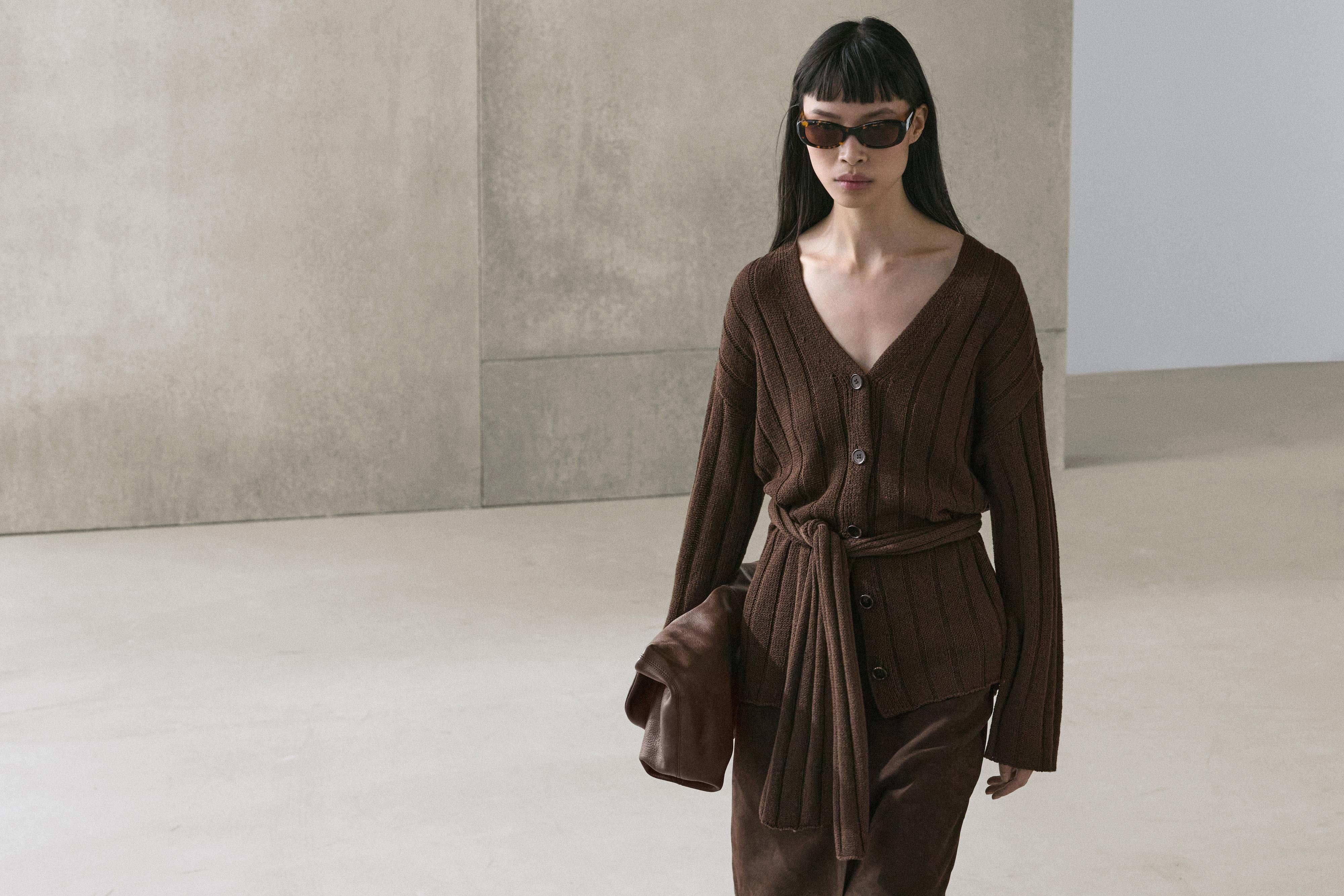 Knit cardigan with waist detail — Chocolate