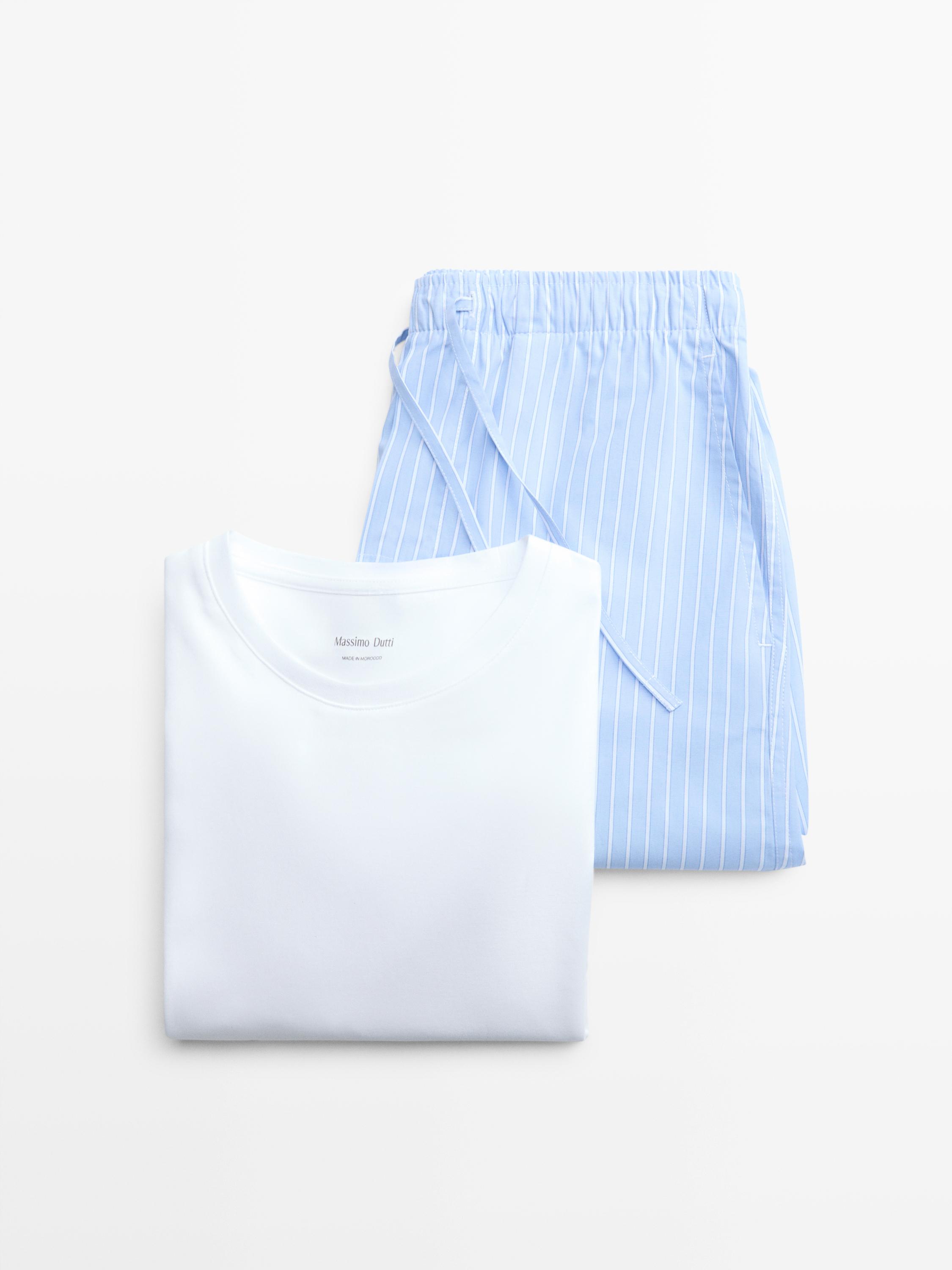 Short sleeve pyjama top and striped trousers