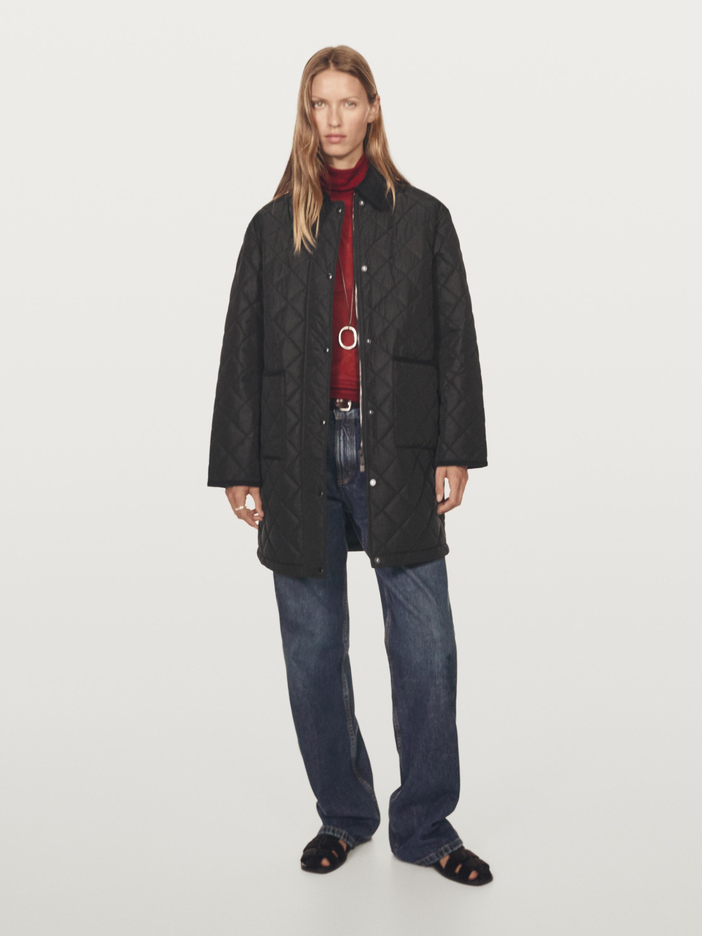 Long lightweight puffer jacket with corduroy detail