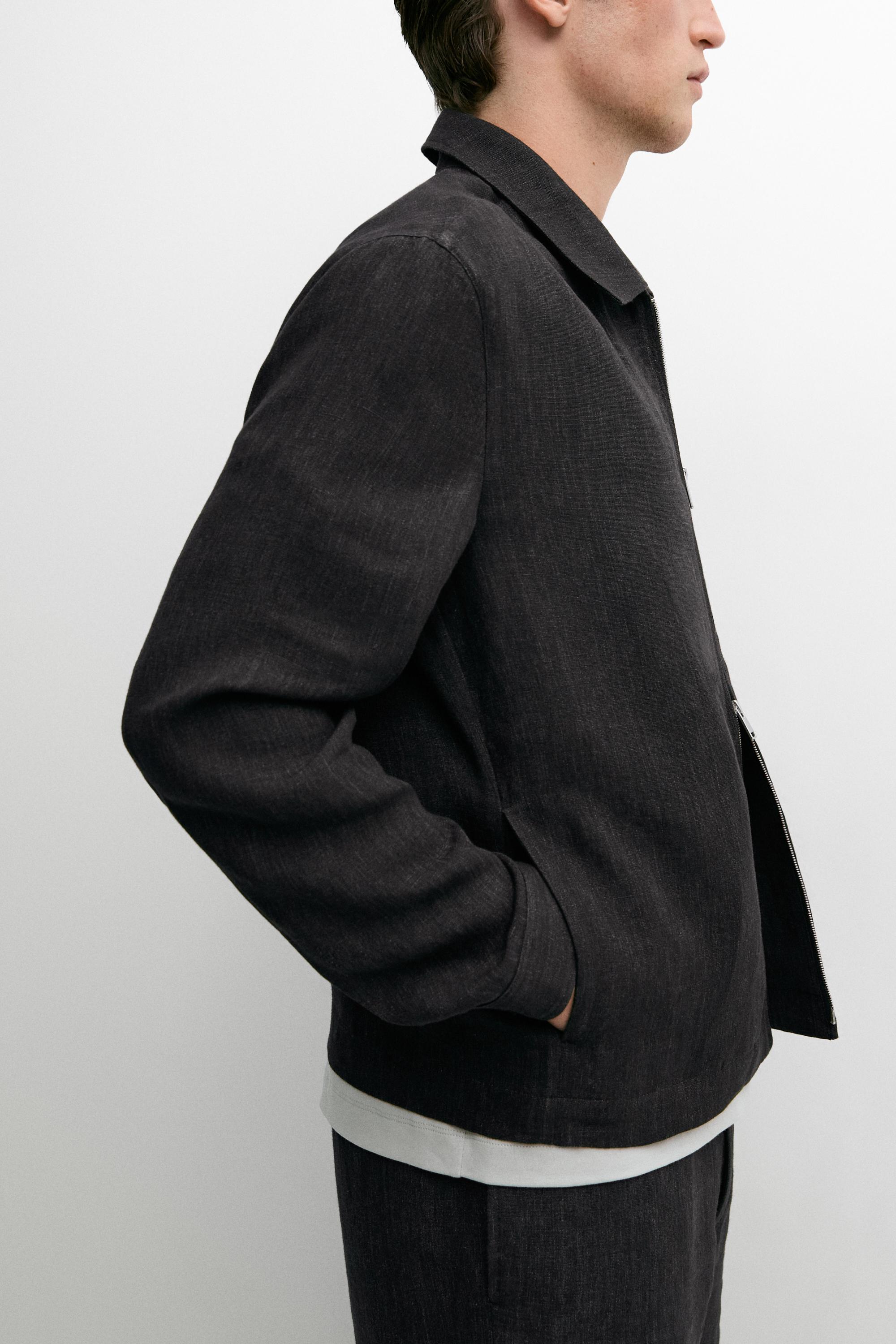 Linen total look zip-up jacket — GREY BLUE