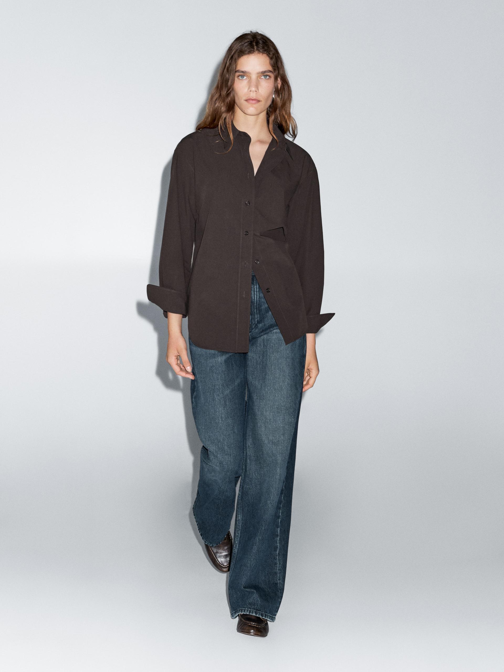 Chemisier Long Popeline 100 % Coton - Marron - S - Massimo Dutti - Femme
