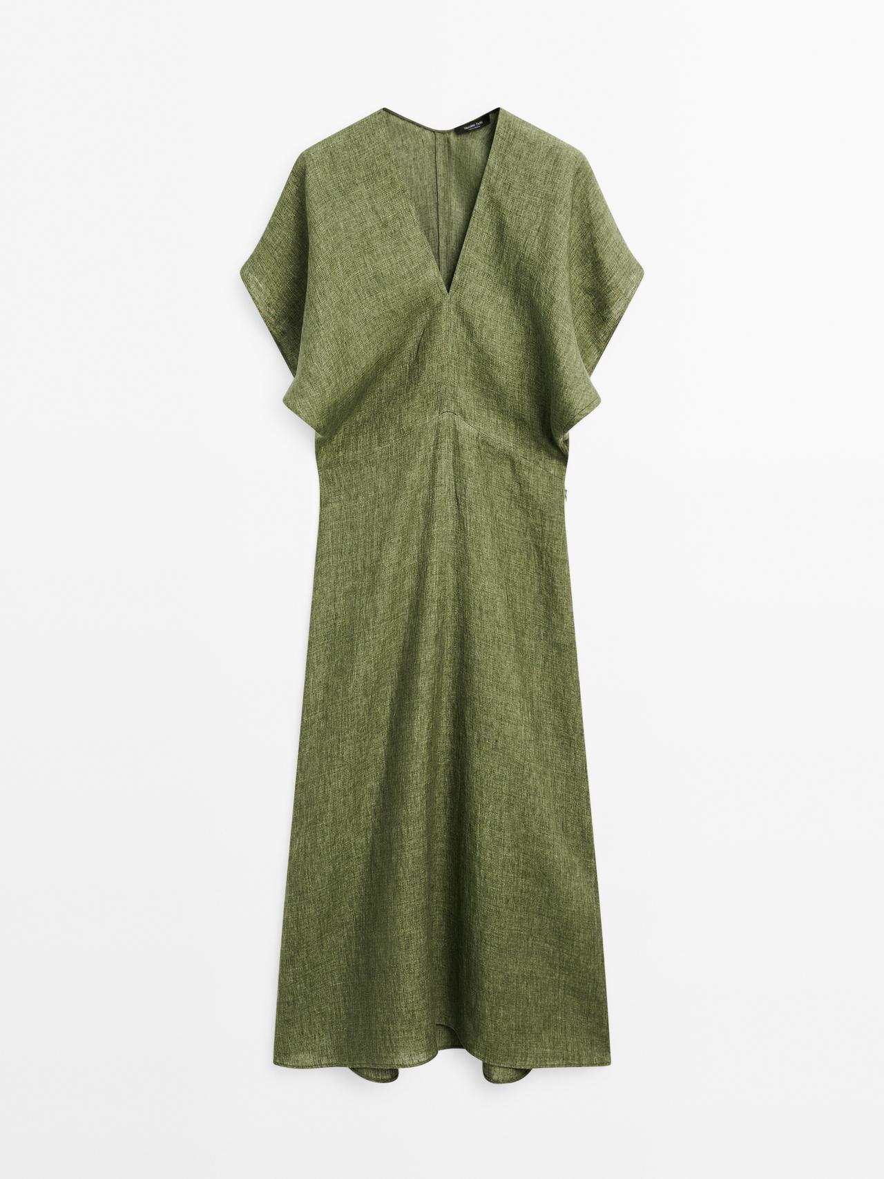 Massimo Dutti - Dame - Kortærmet Midikjole I Hør - Grøn - 40
