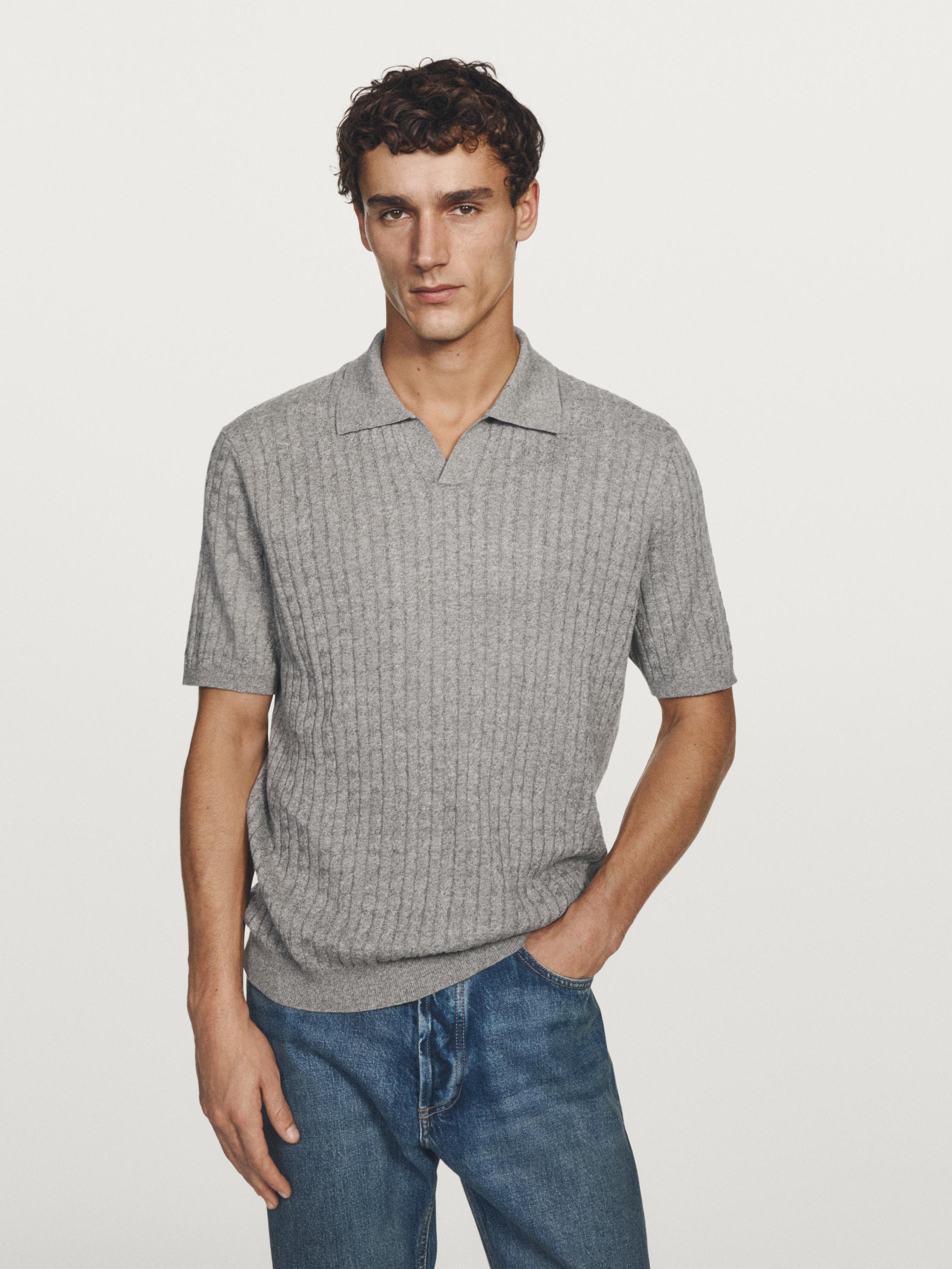 Cotton linen cable knit polo jumper