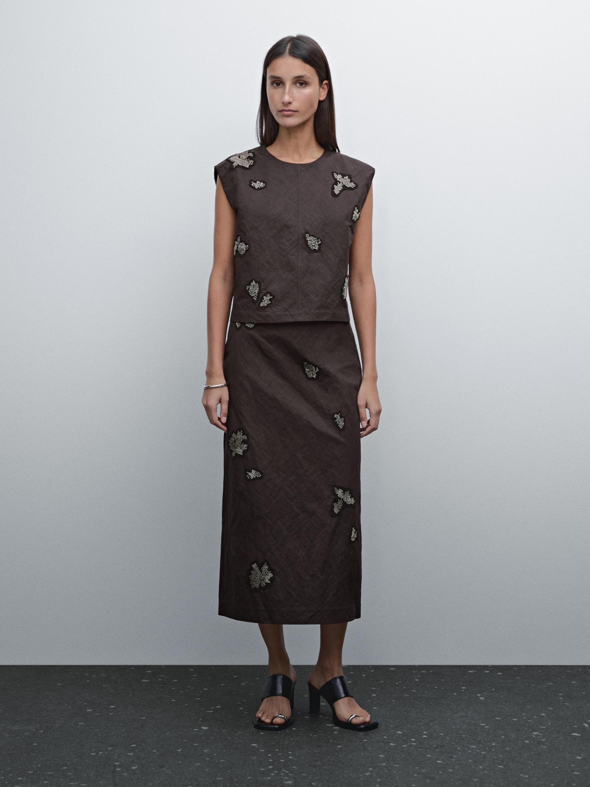 Jupe Midi À Strass En Coton Mélangé - Gris Foncé - 40 - Massimo Dutti - Femme