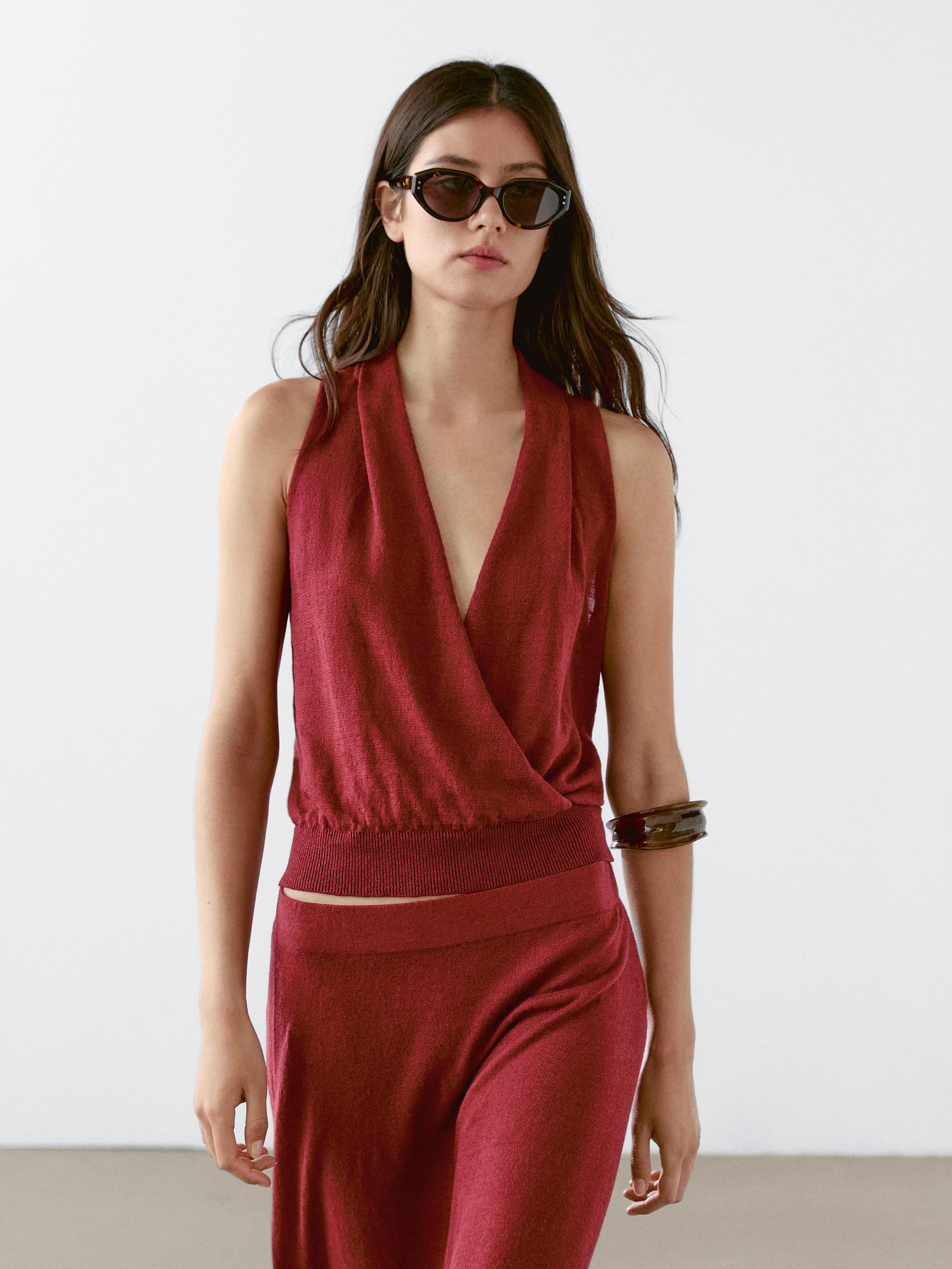 Top halter de malha em mistura de linho