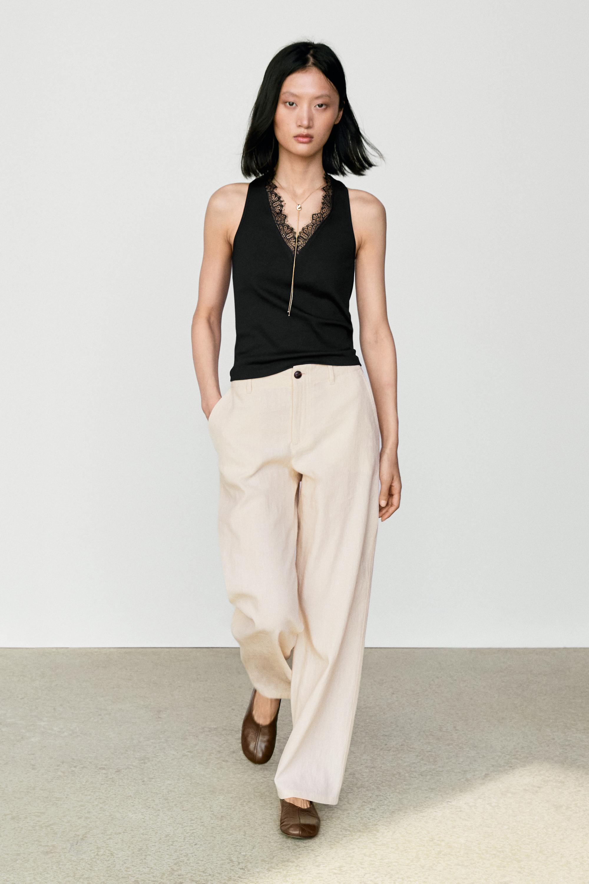 V-neck lace trim camisole top — BLACK